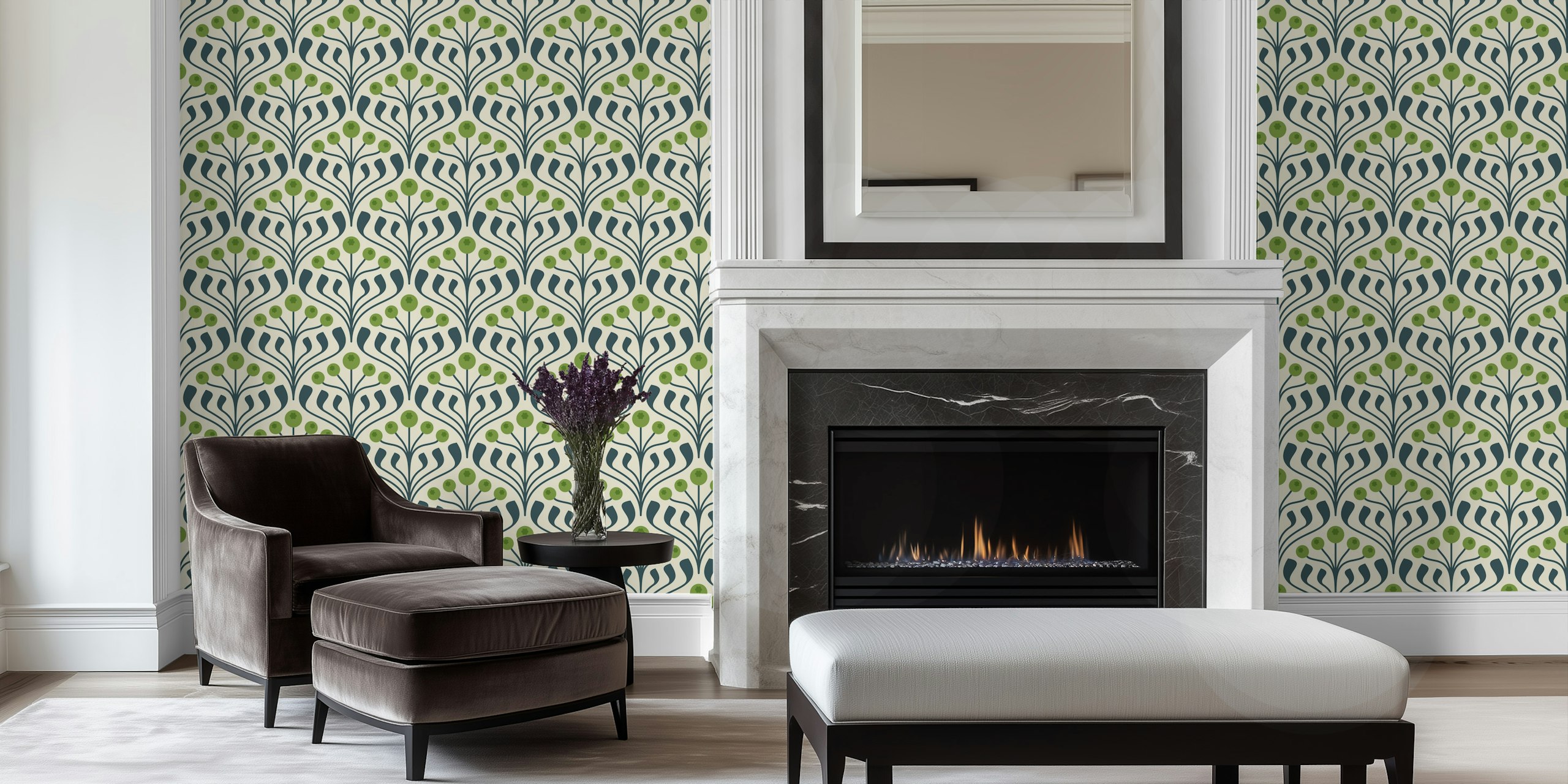 Green floral berry pattern on cream background wallpaper