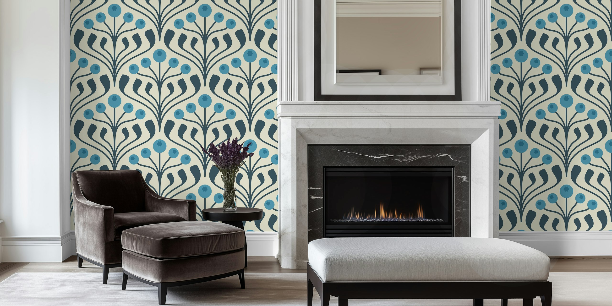 Elegant Berry Motif in Blue wallpaper in a room