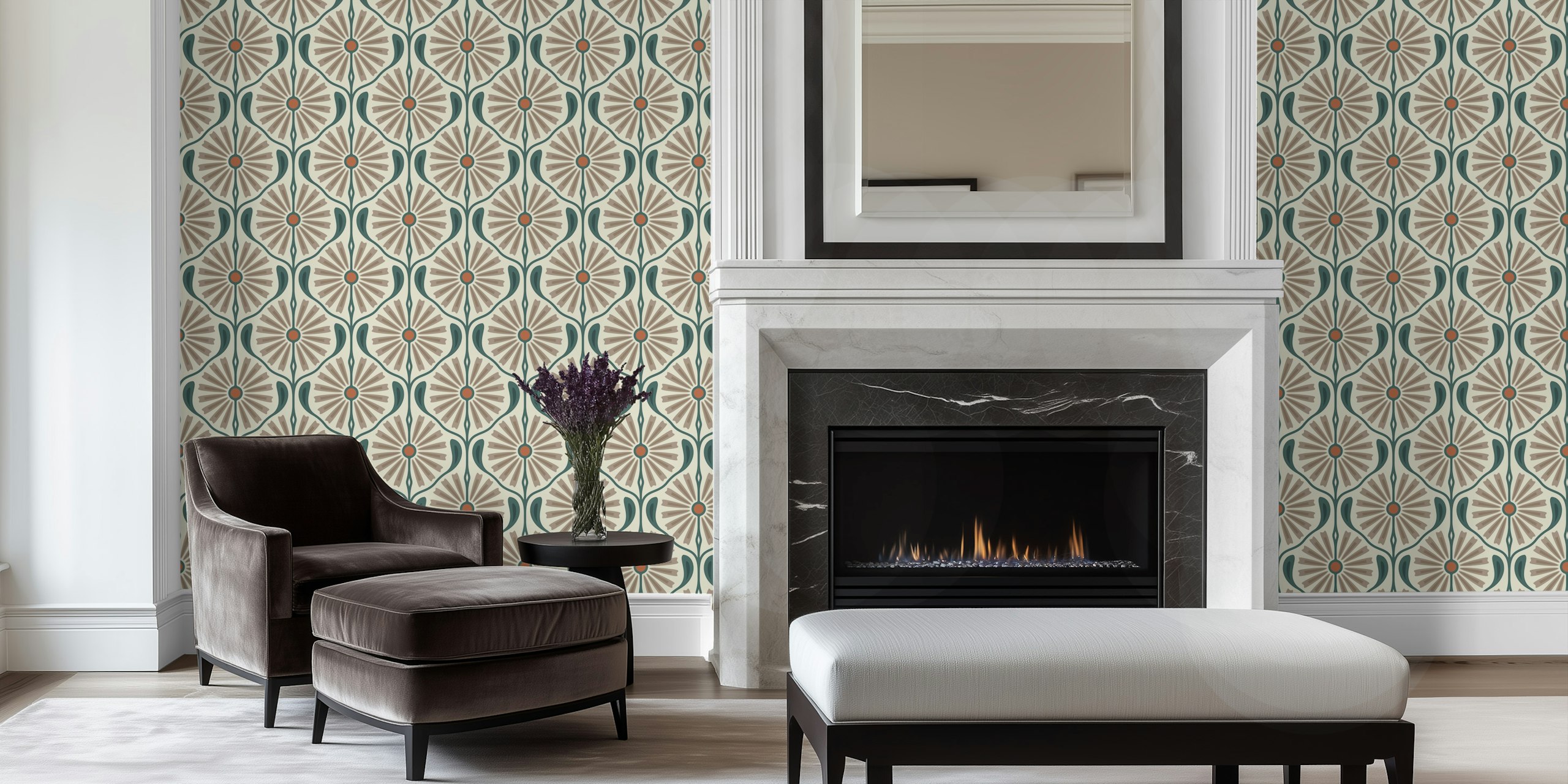 Retro floral design with beige, green, and brown patterns wallpaper