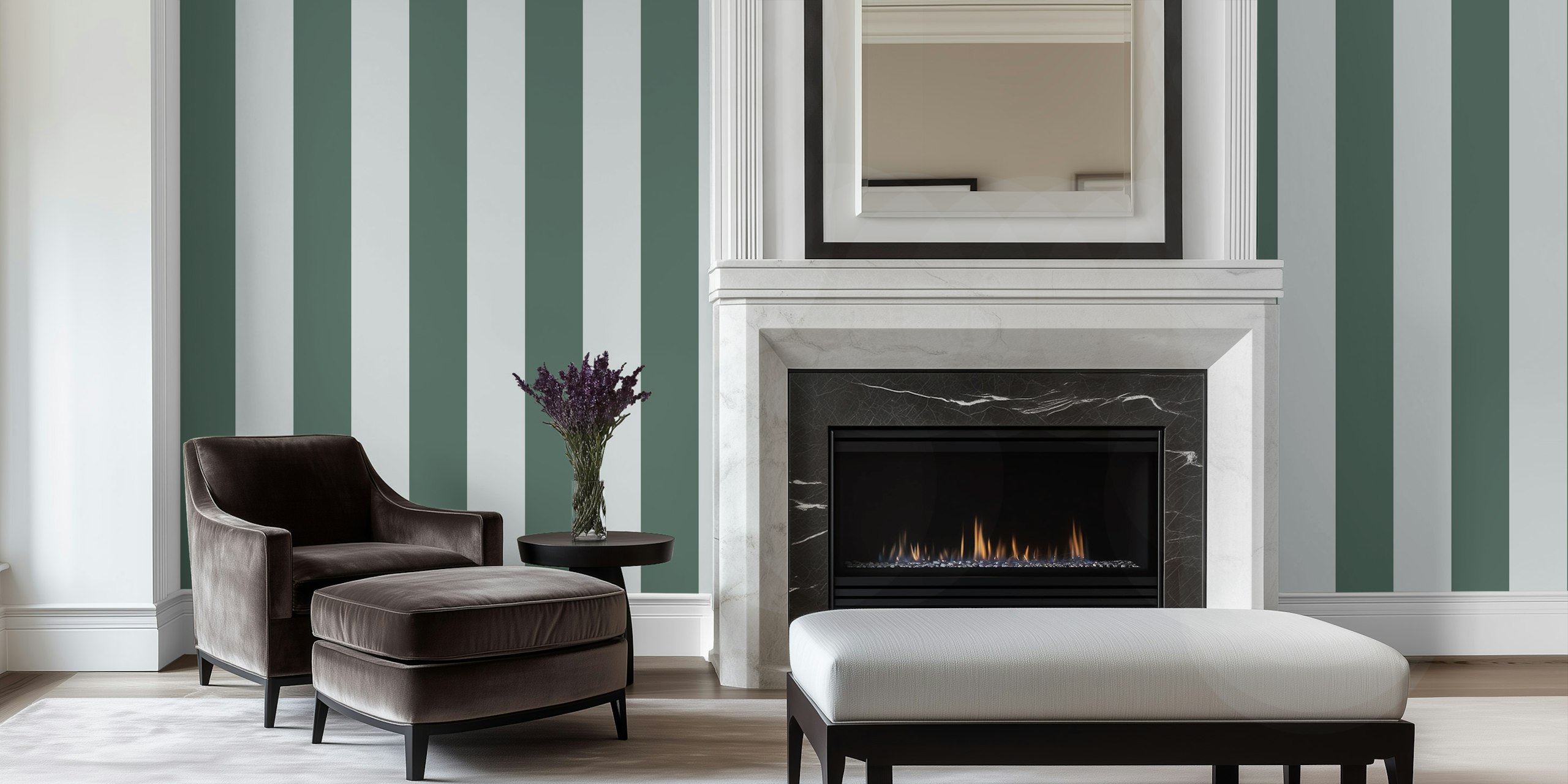 Cabincore Blue Green Stripes wallpaper in a room
