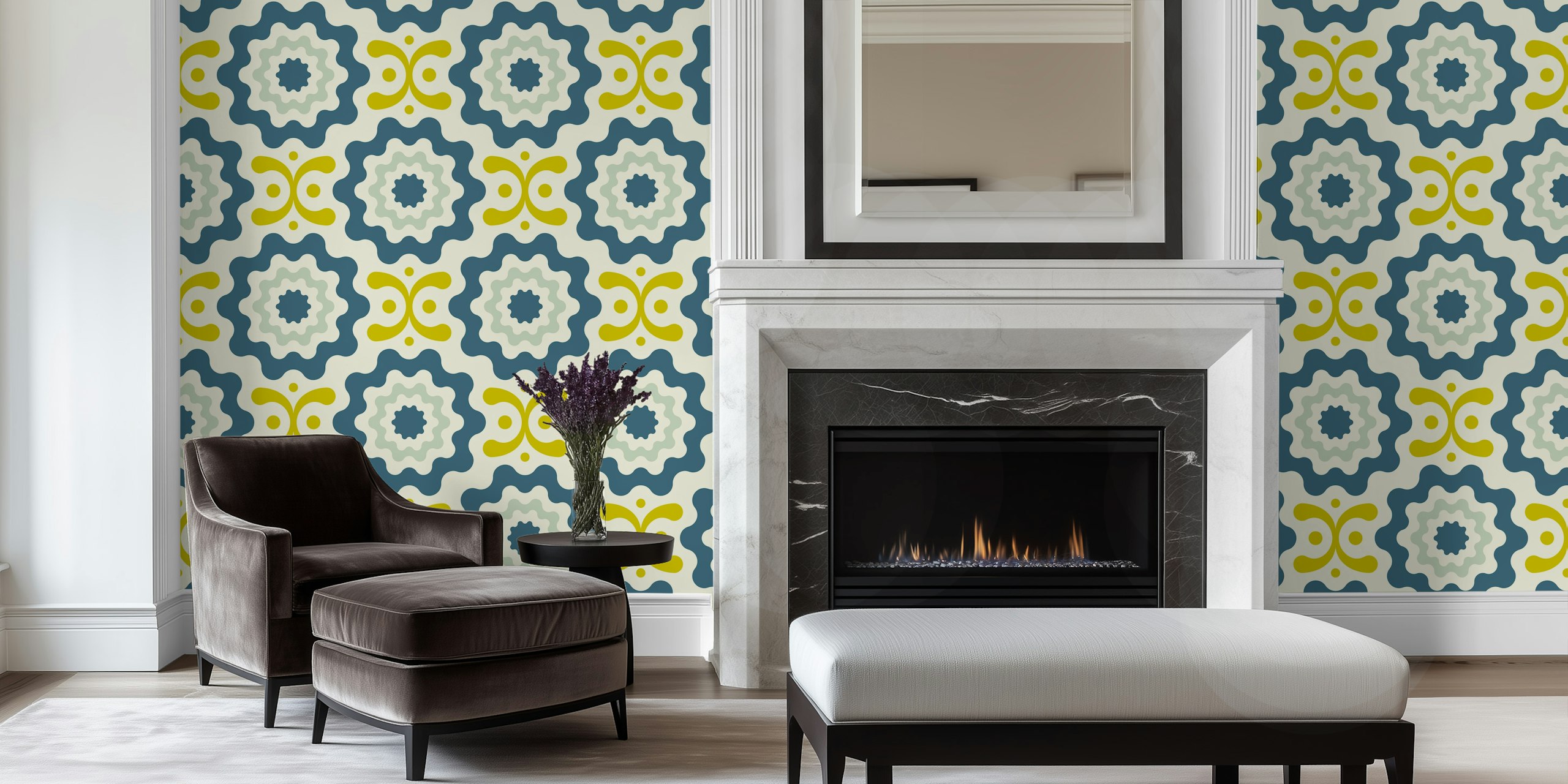 Funky geometric teal green wallpaper in room