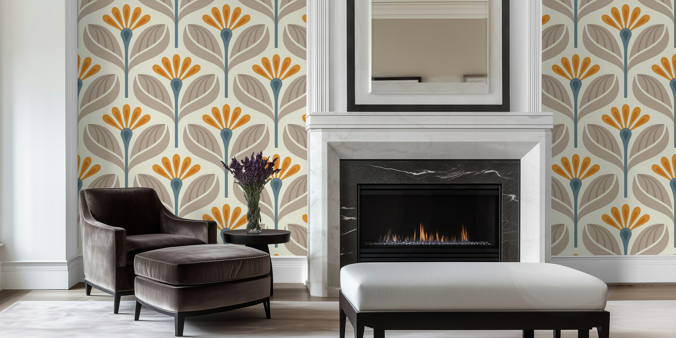 Stylized floral pattern in beige and orange with blue accents wallpaper