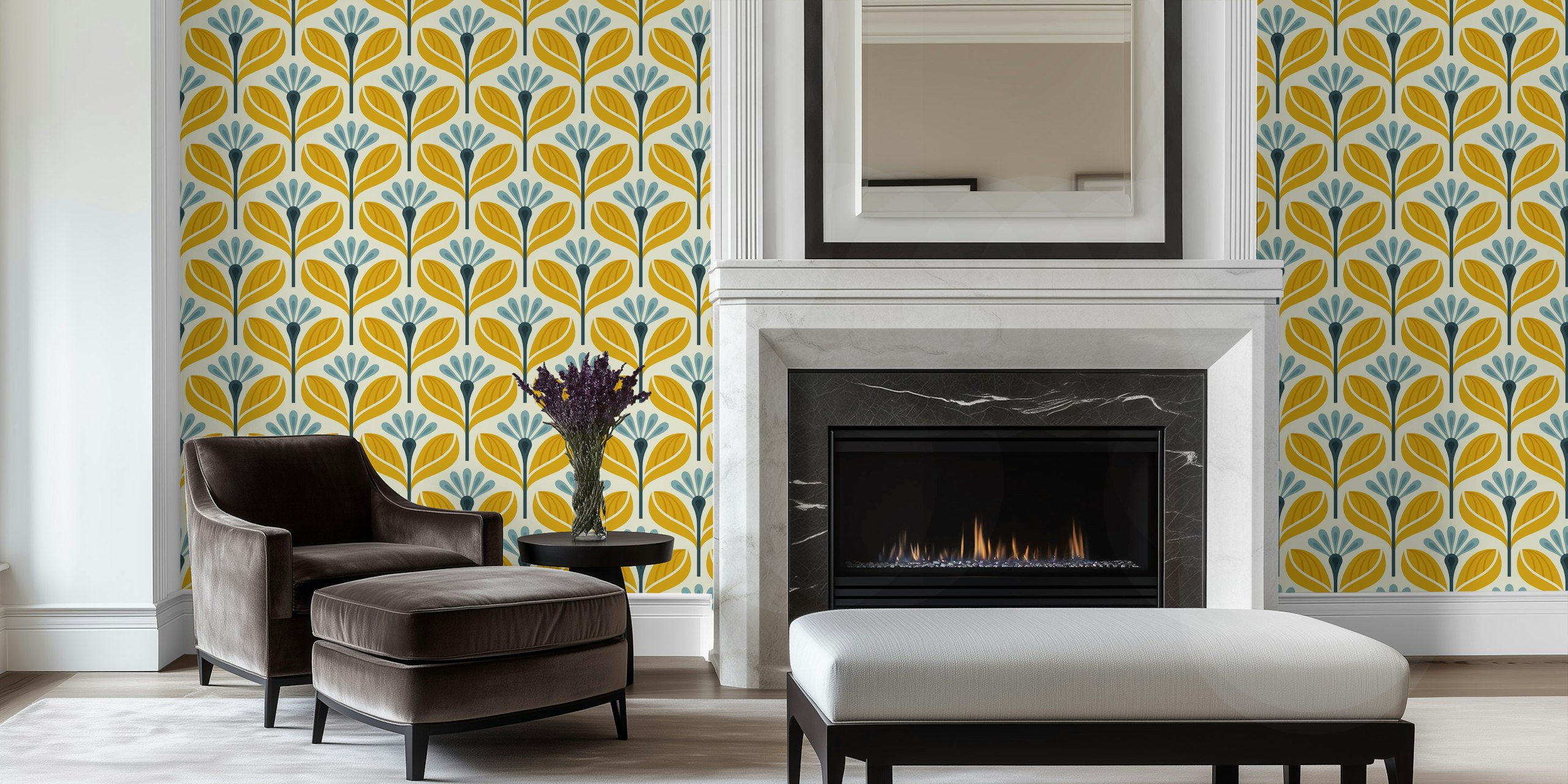 Stylized Flower Motif in Yellow Teal papel de parede