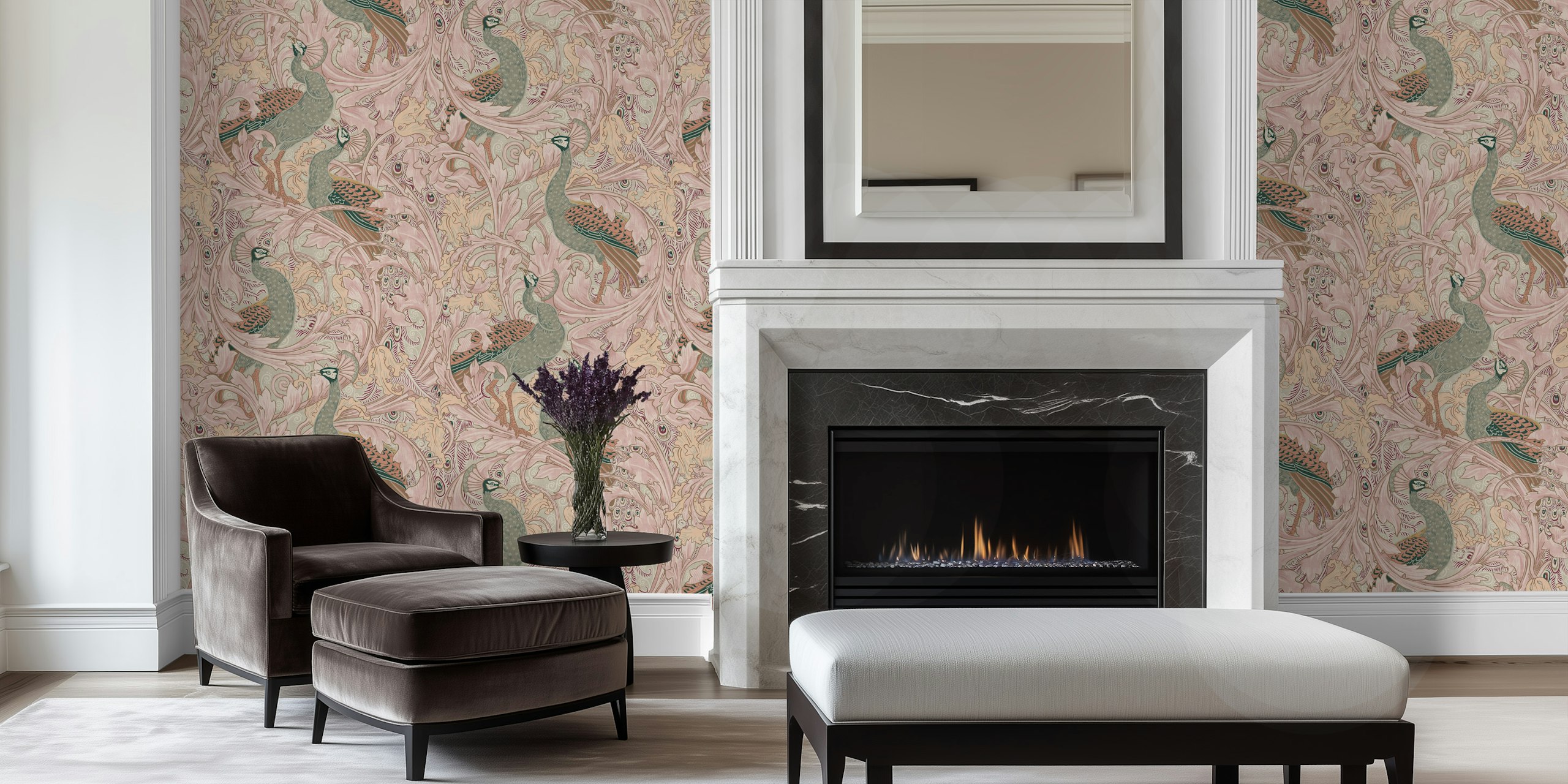 Peacock and floral motifs in pink and sage wallpaper