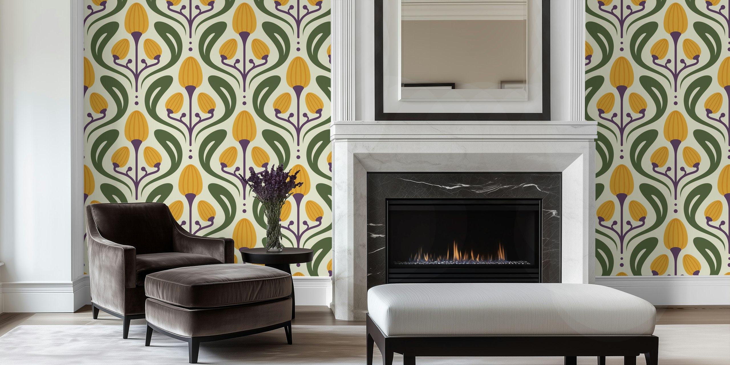 Yellow floral motifs with green leaves in vintage wallpaper