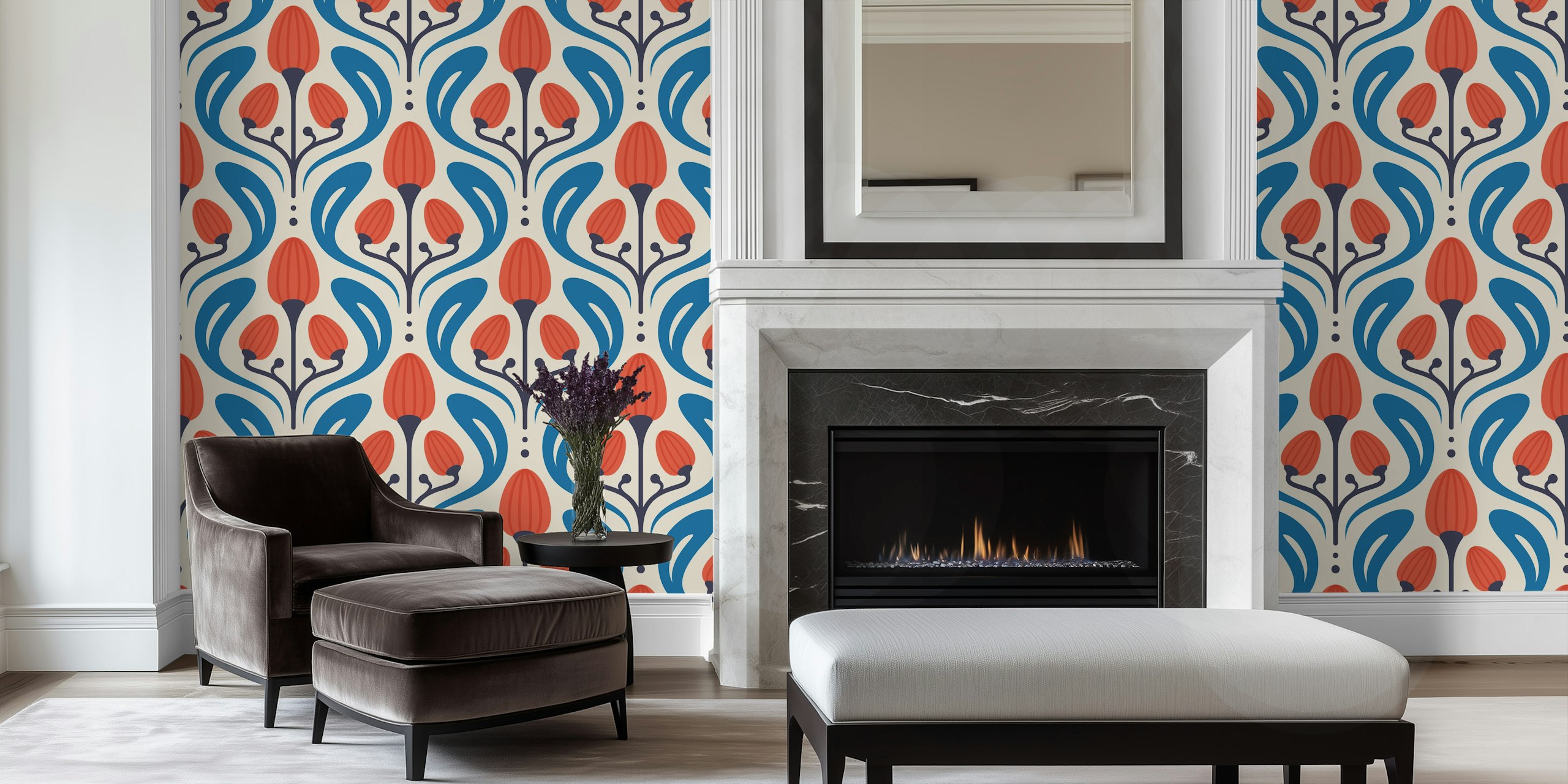 Floral motif with red flowers and blue leaves wallpaper