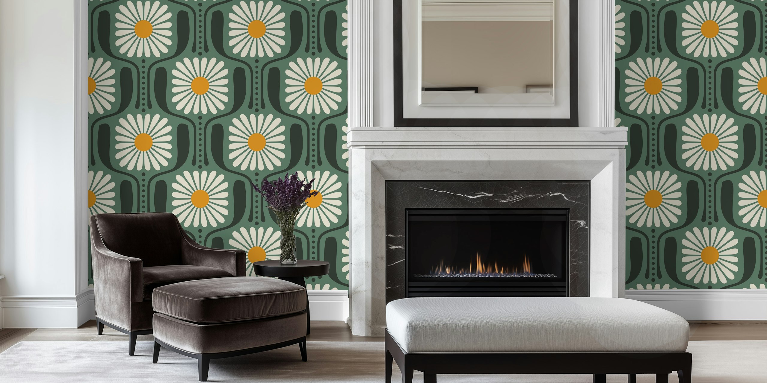 Green background with white daisy flowers and yellow centers wallpaper