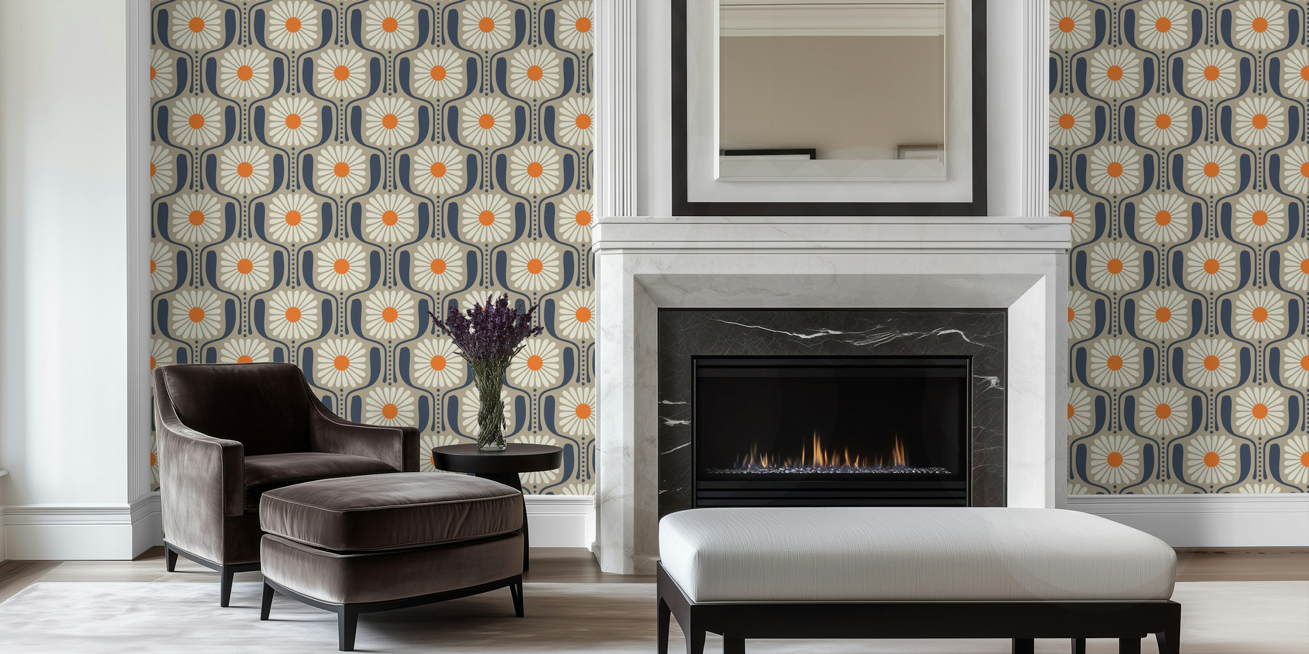 Timeless Daisy Art in Beige wallpaper in a room