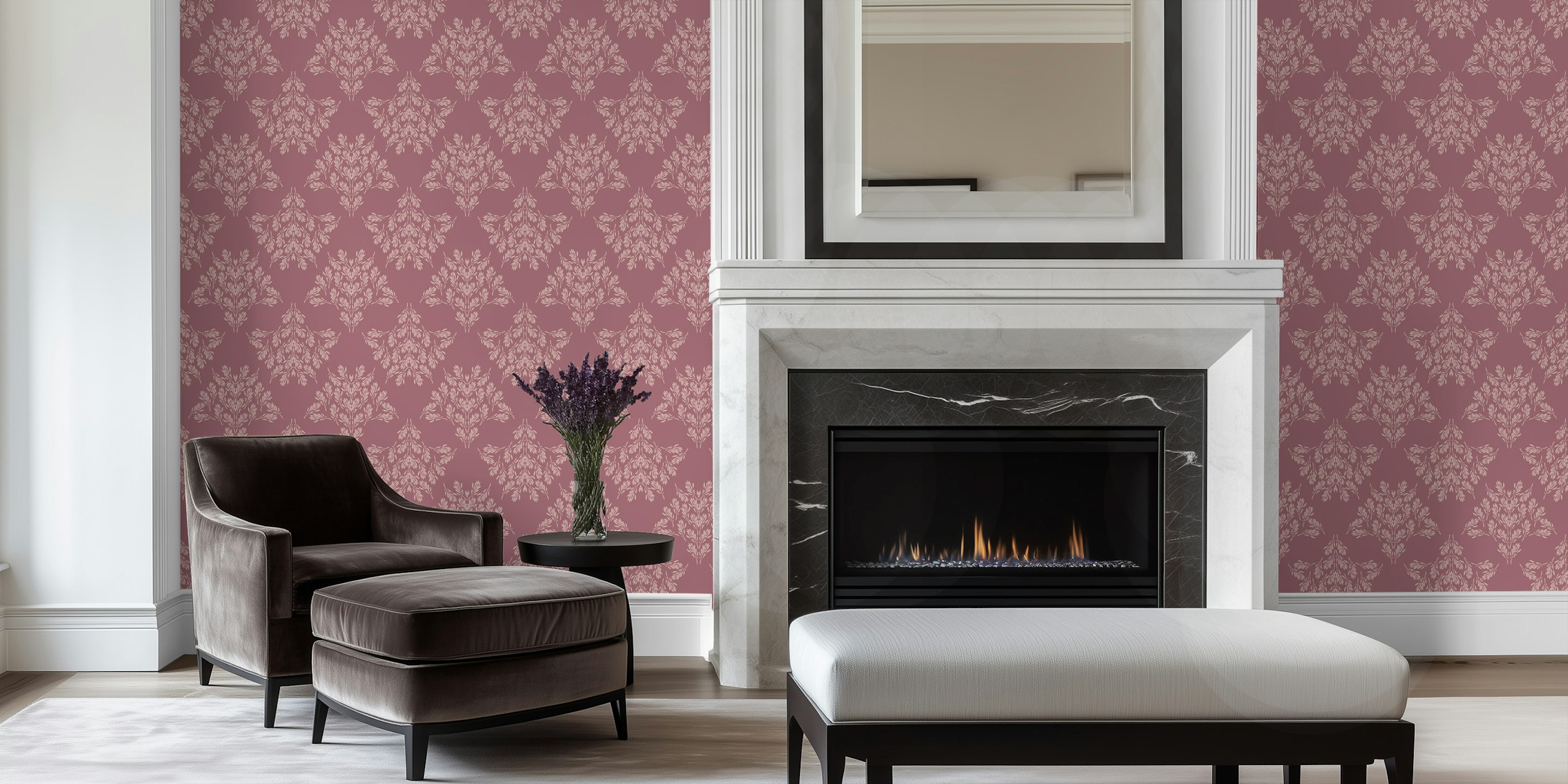 Antik rosa Rustic leaf damask medium – antique pink i et rum
