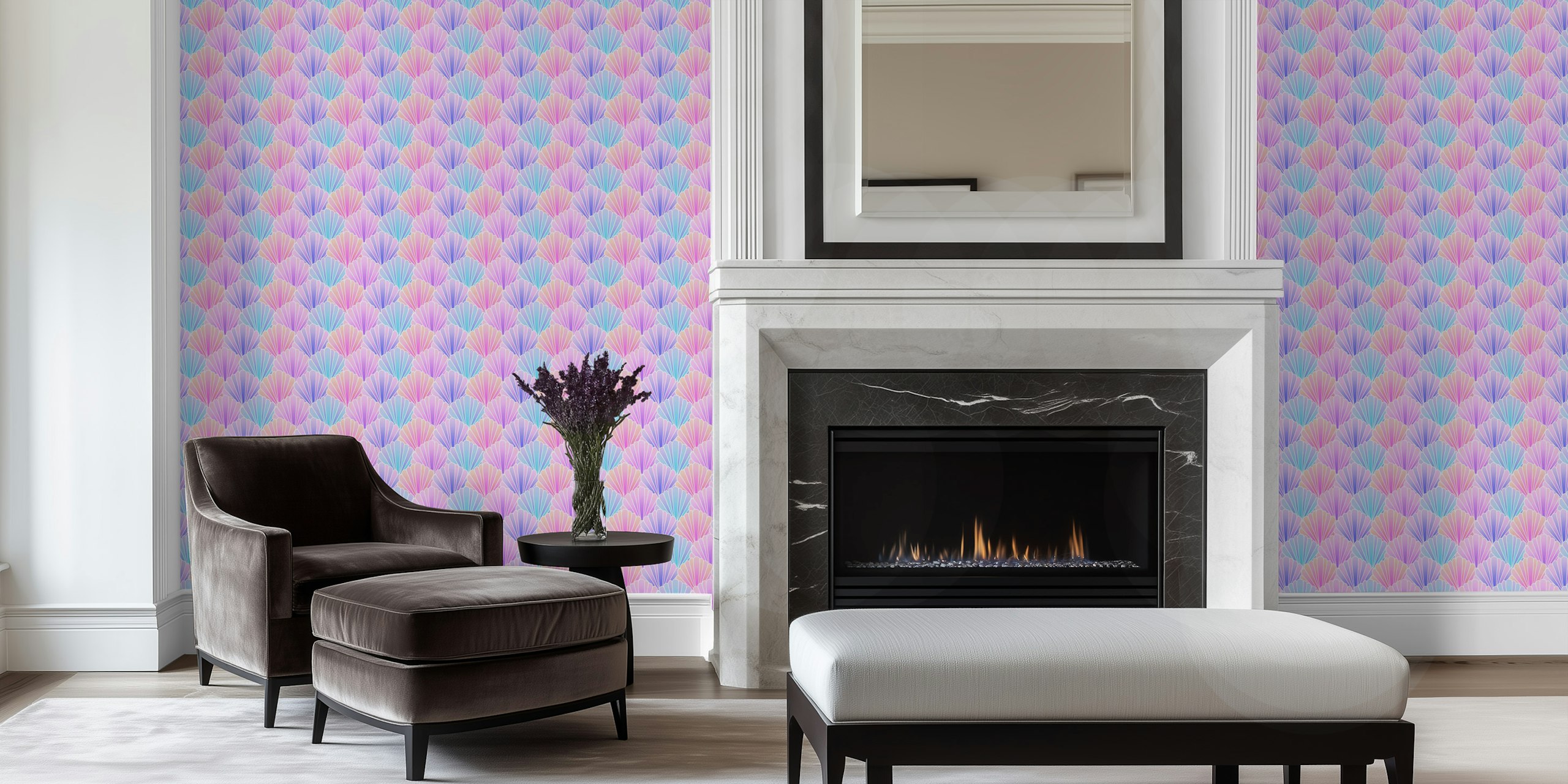 Pastel rainbow seashell scallop wallpaper in a room