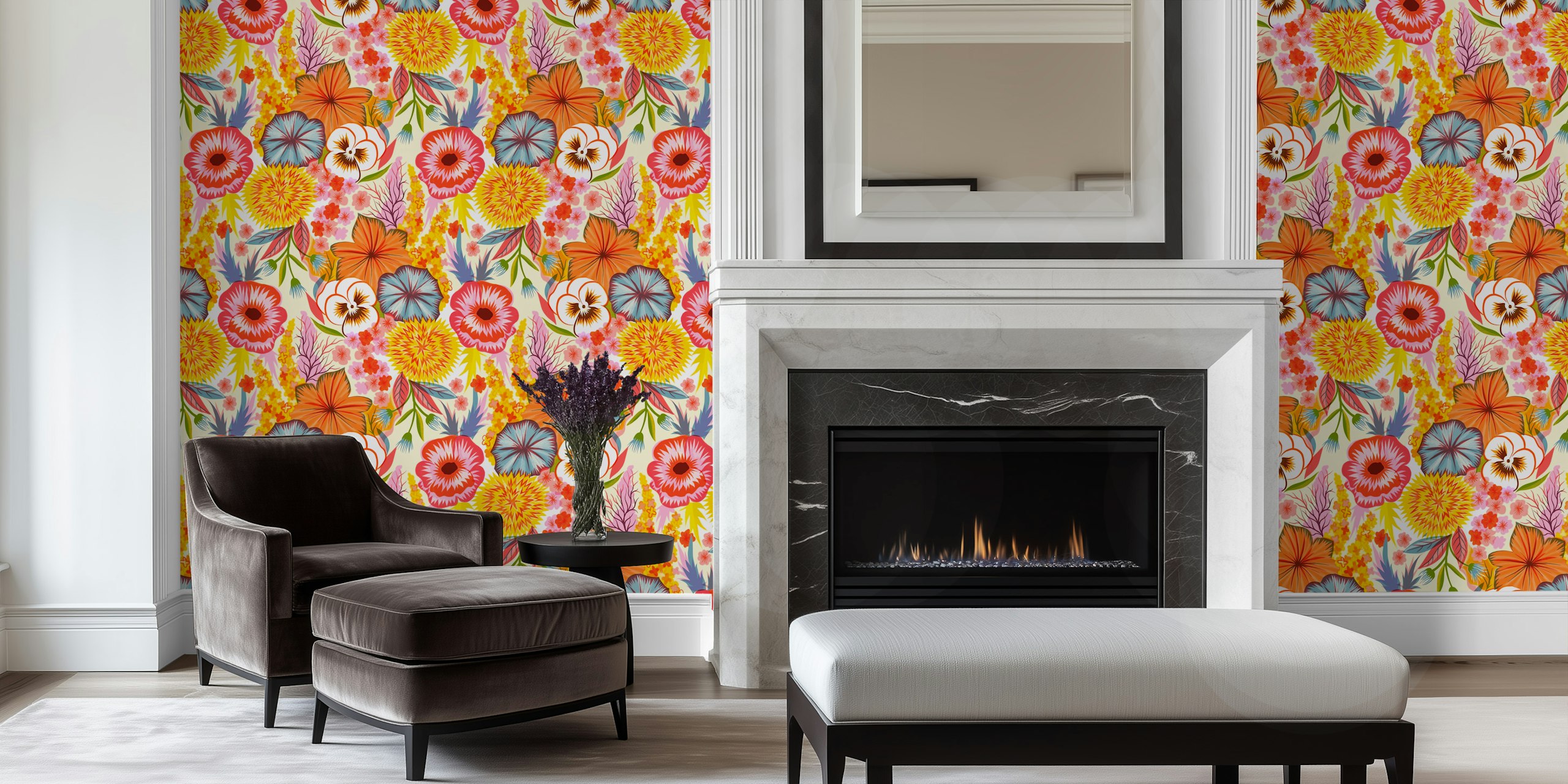 Colorful floral patterns in pink, orange, and yellow wallpaper
