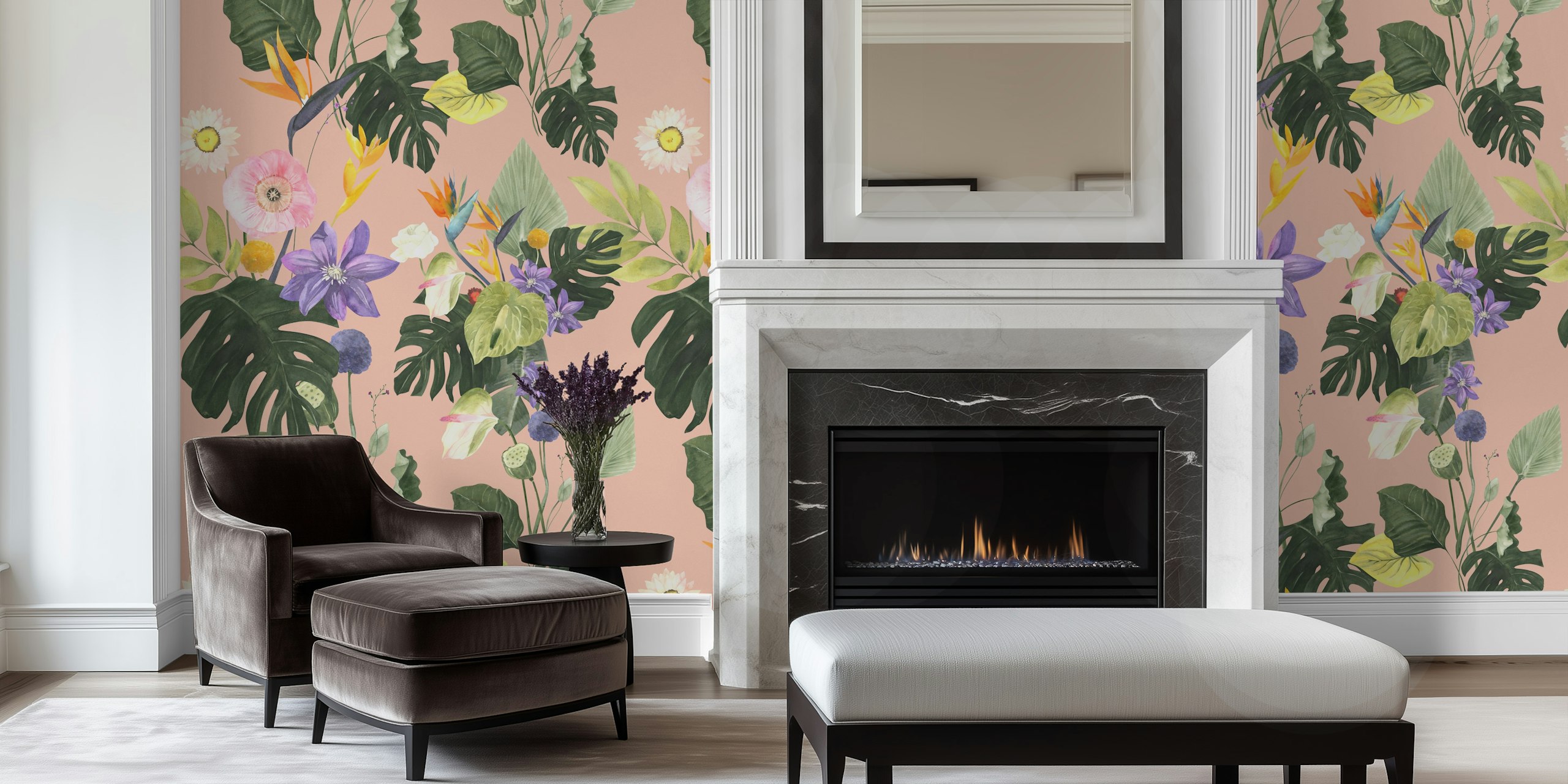 Tropical floral pattern on pink background, featuring colorful flowers and green leaves wallpaper