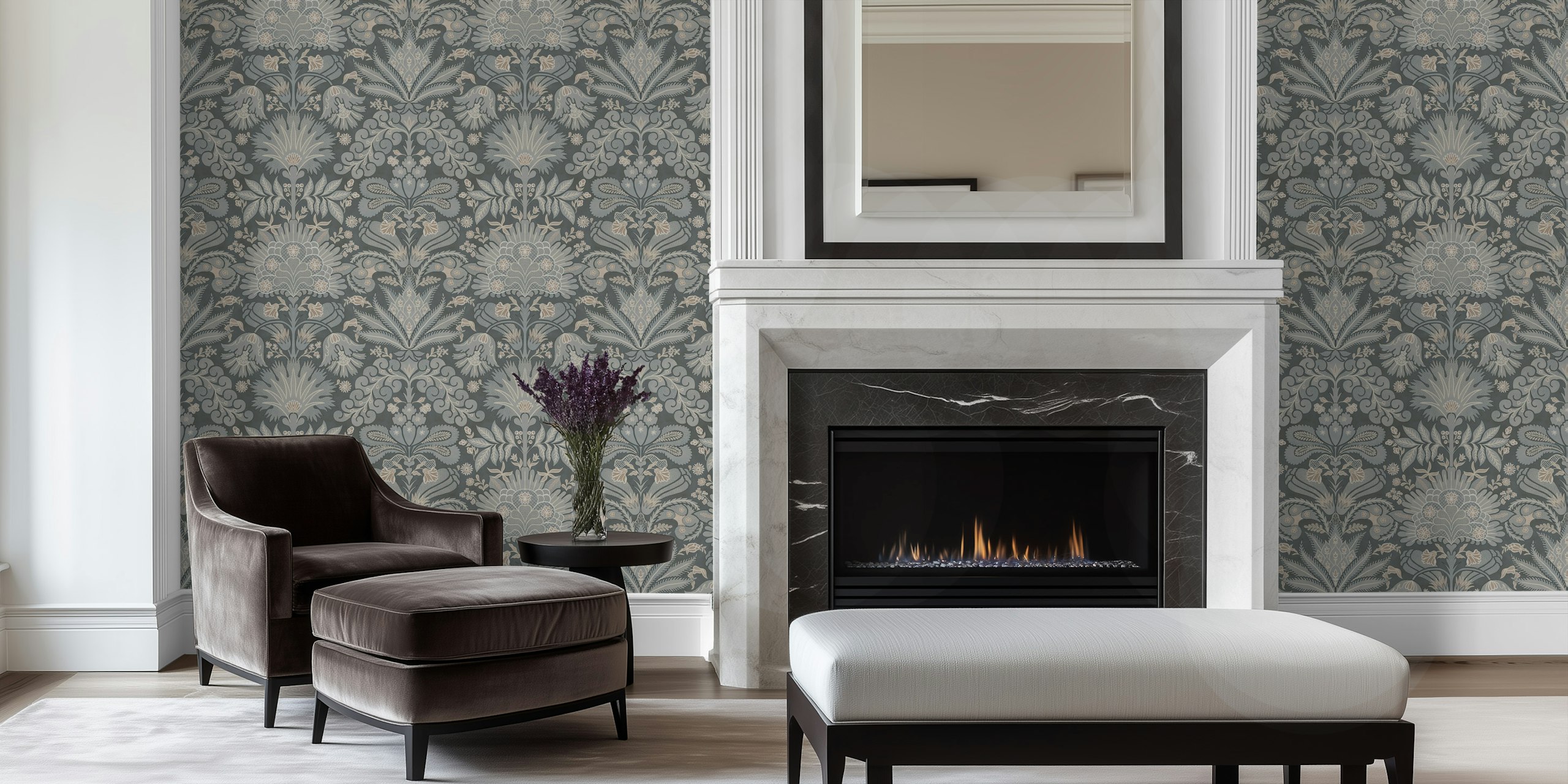 Botanic Damask Grey Beige wallpaper in a room