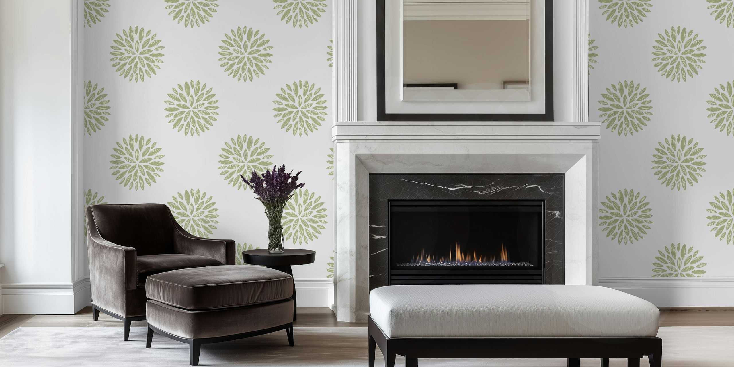 Green floral pattern wallpaper with delicate leaves on a beige background