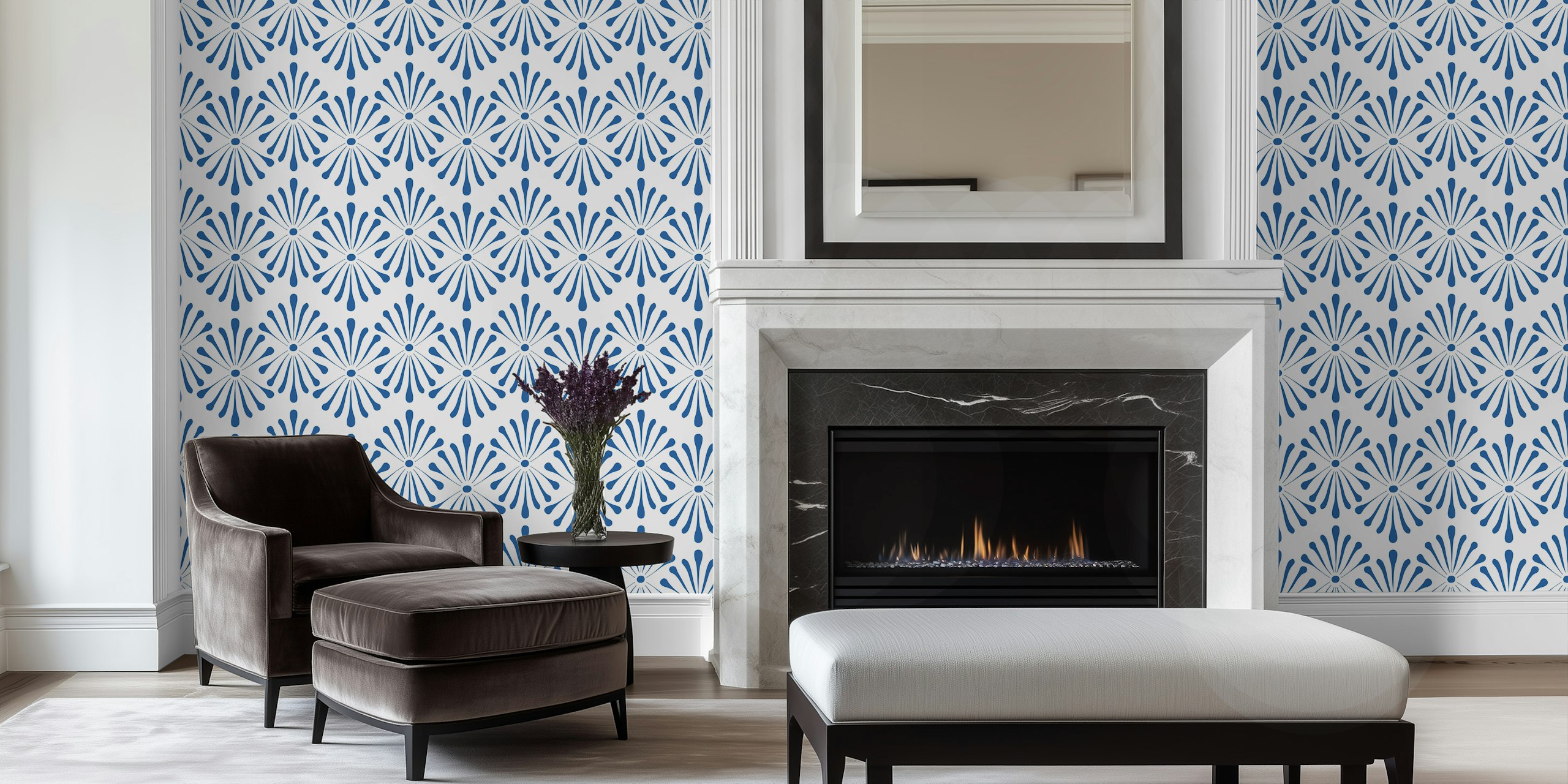 Abstract Floral Beige Blue wallpaper in a room
