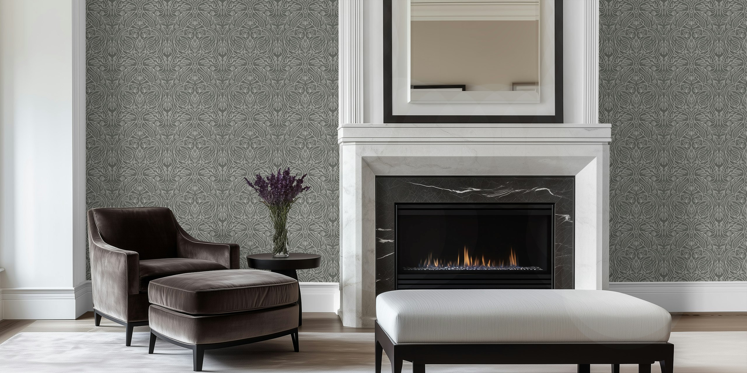 Charcoal floral damask pattern wallpaper with intricate designs
