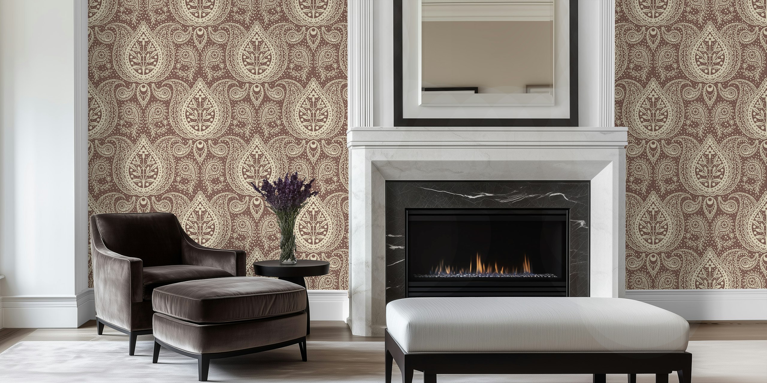 Floral paisley damask wallpaper w pokoju