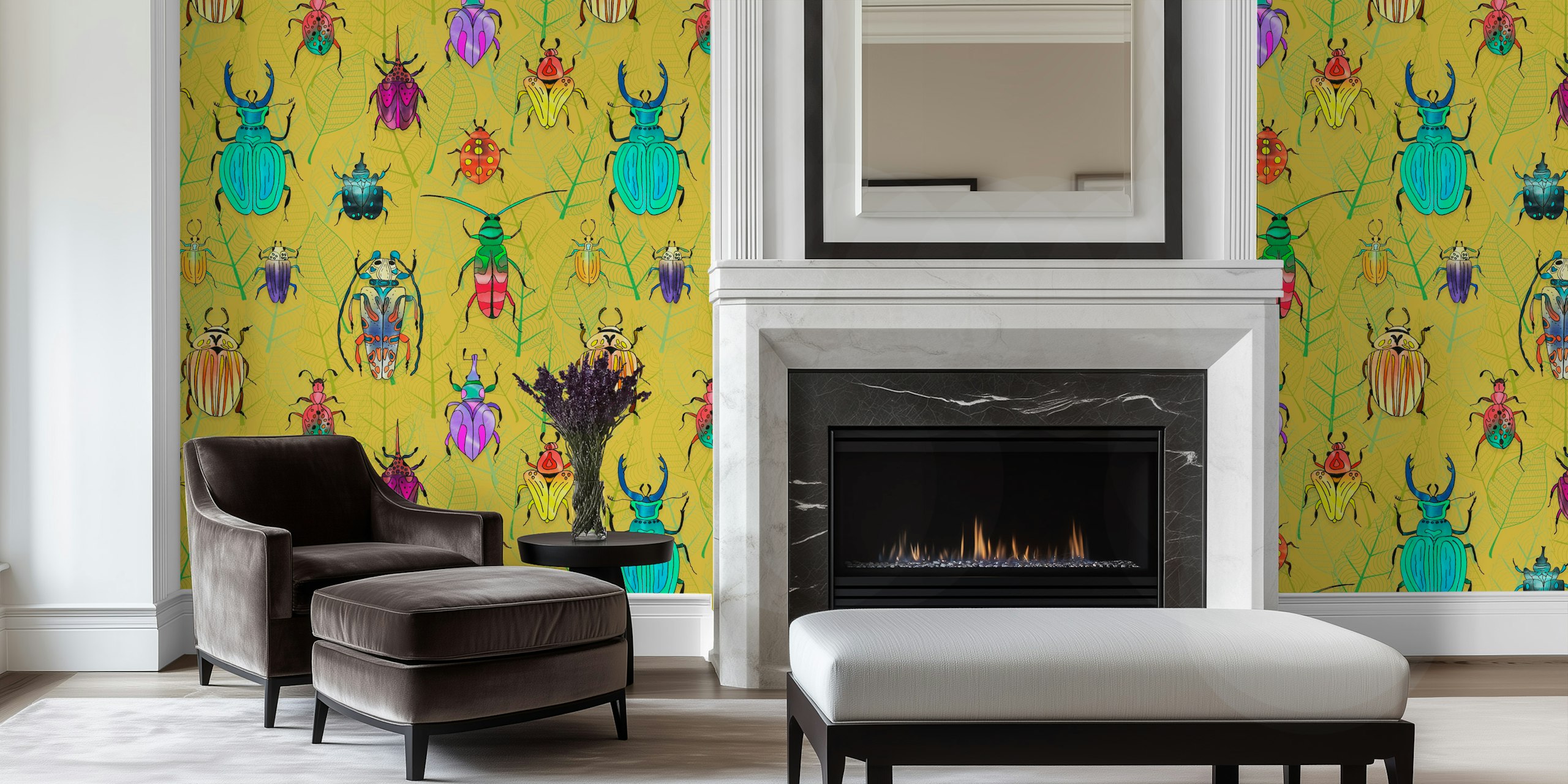 Colorful beetles with yellow background leaf pattern wallpaper