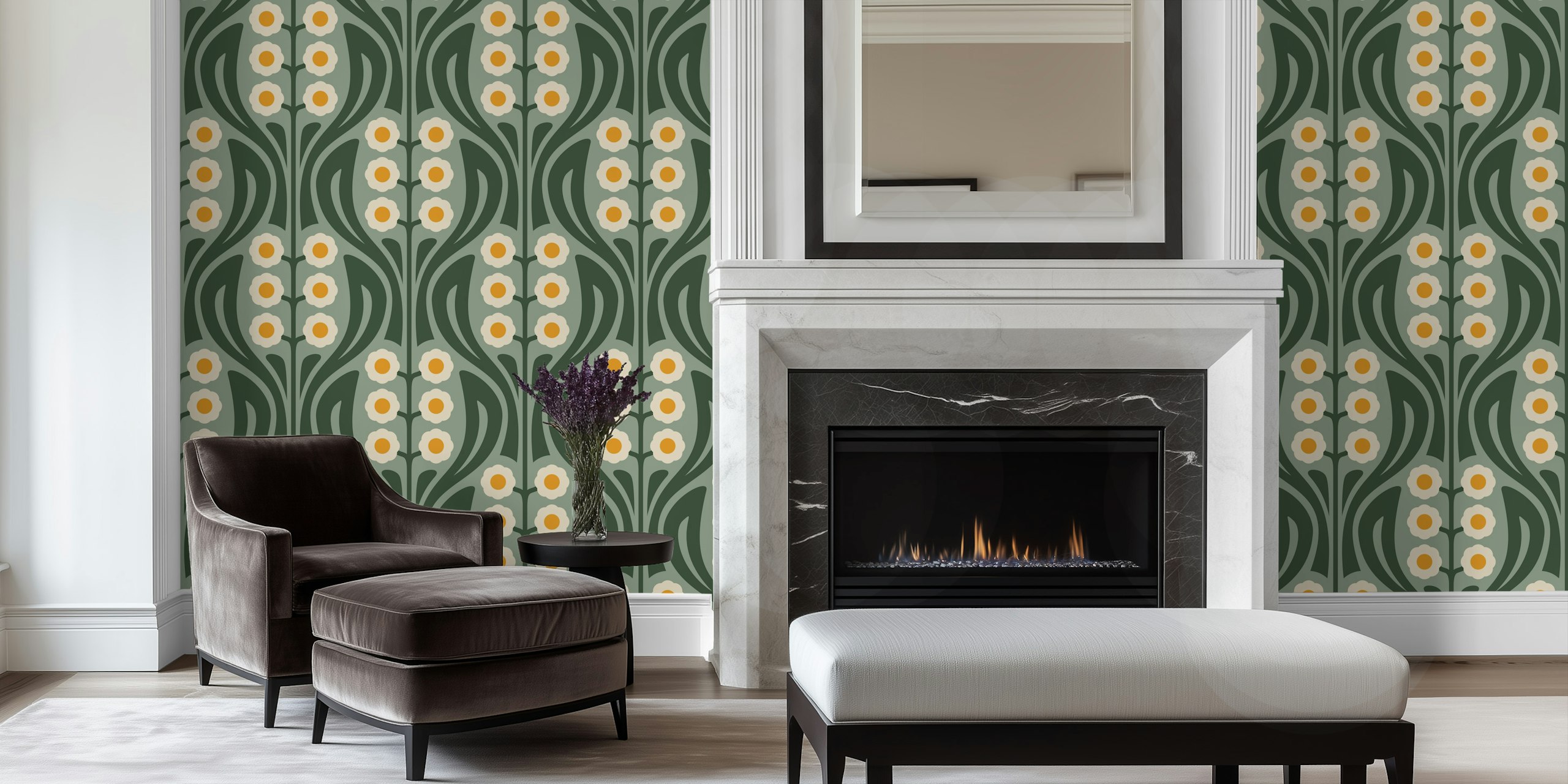 Papier peint Vintage Retro Daisy Harmony Green dans une pièce