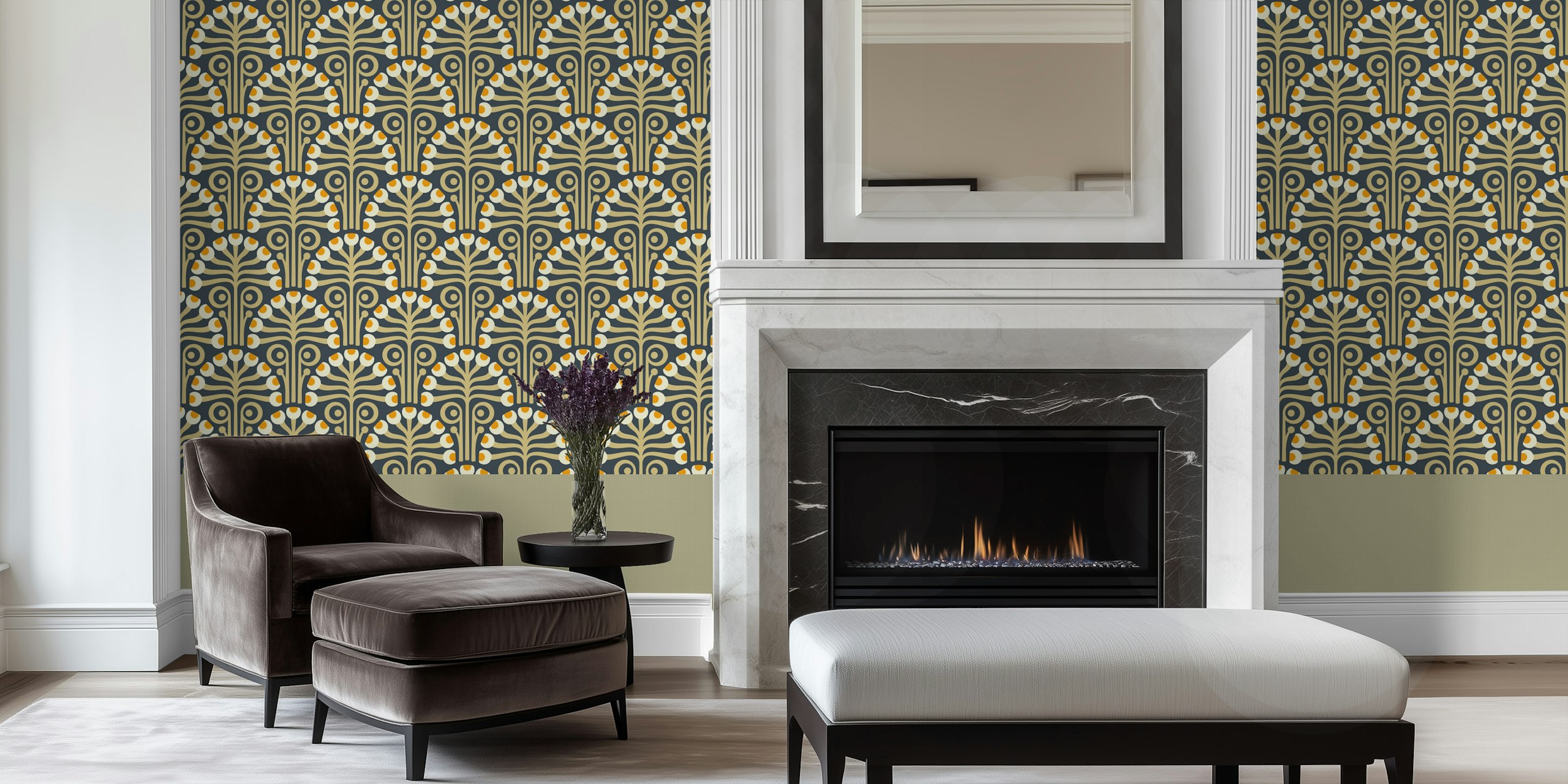 Vintage Botanical Retro Scallop Yellow wallpaper in room