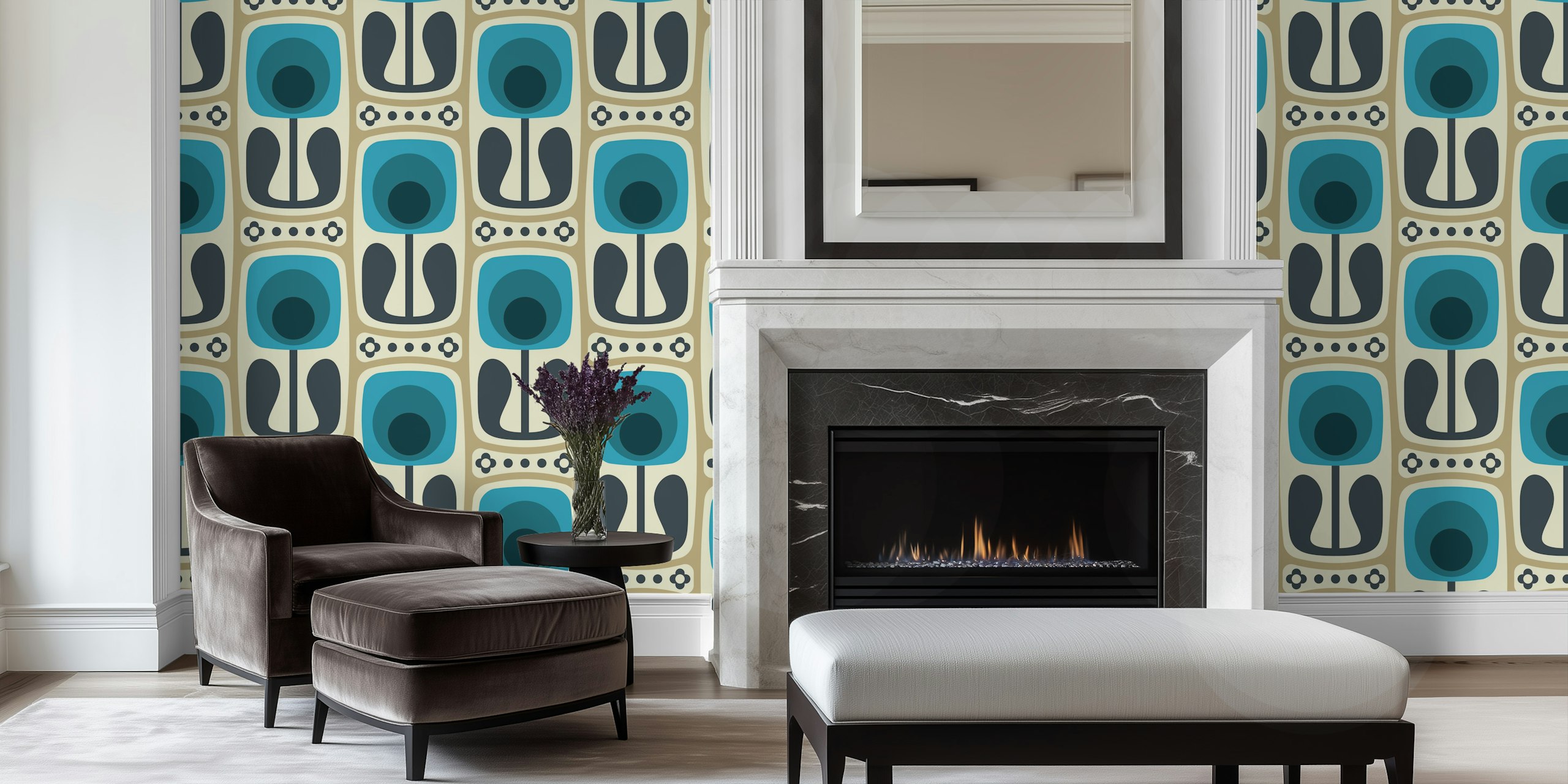 Retro floral design in blue and gray tones wallpaper