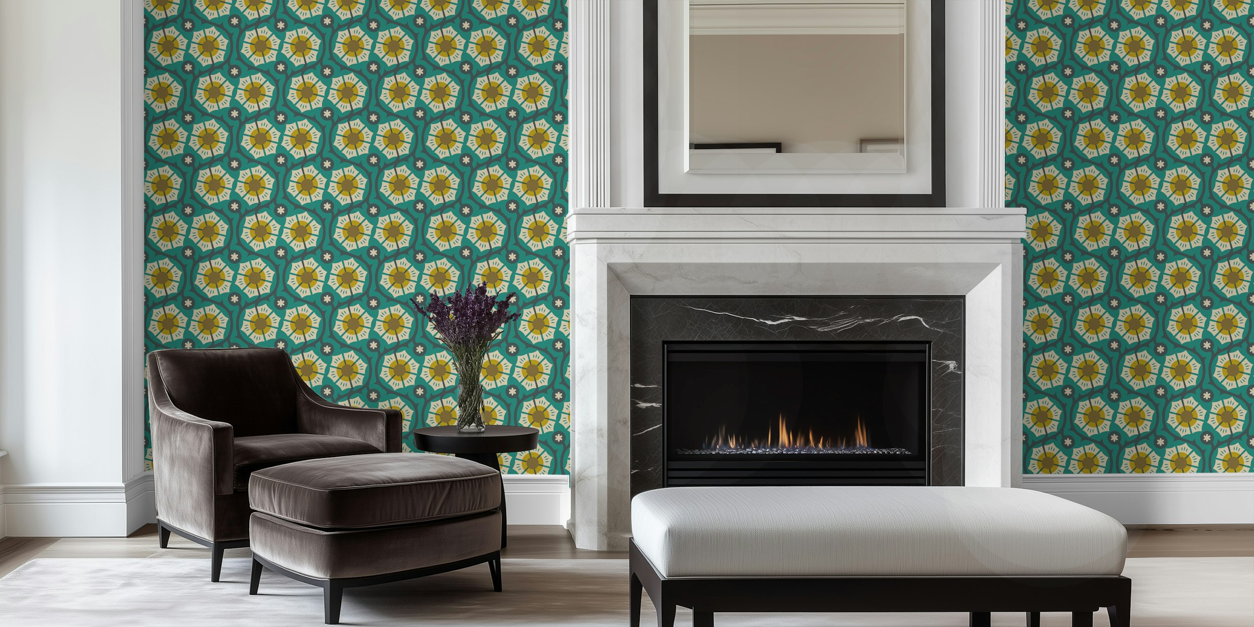 Bold floral pattern with teal, yellow, and cream colors wallpaper