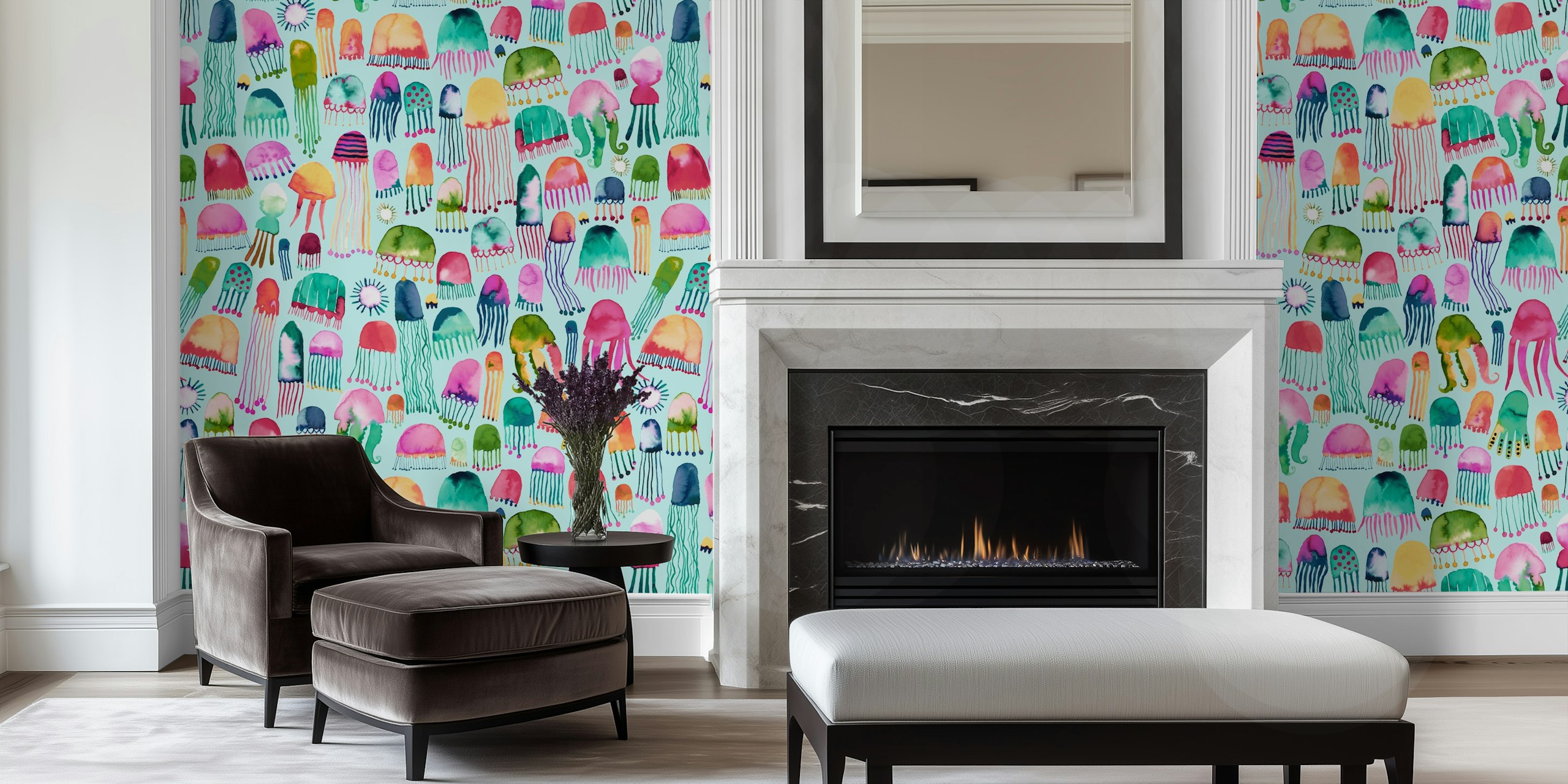 Bunte Quallen auf aqua Hintergrund, Wasserfarben Stil Tapete