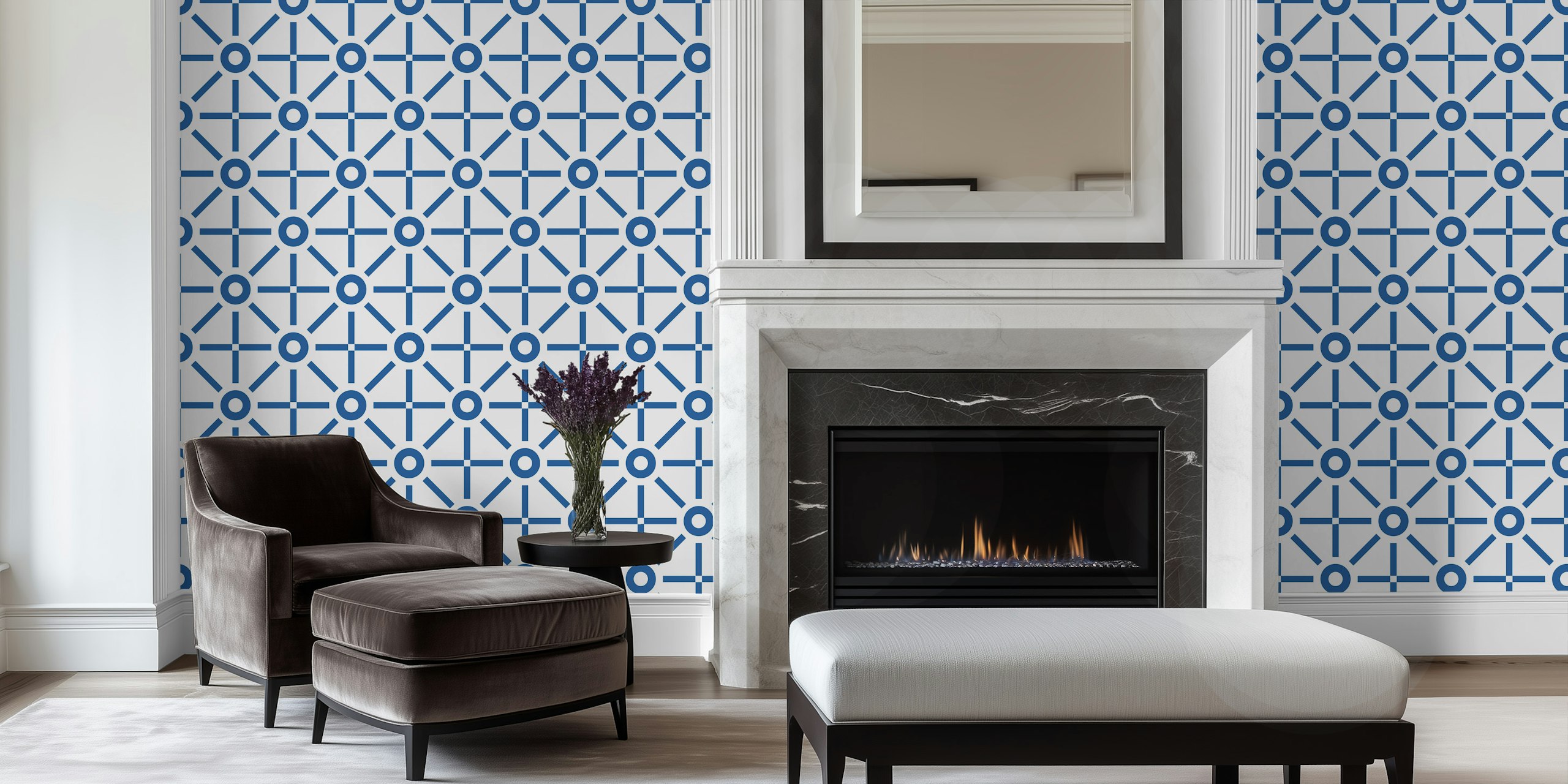 Geometric sun blue beige wallpaper in a room