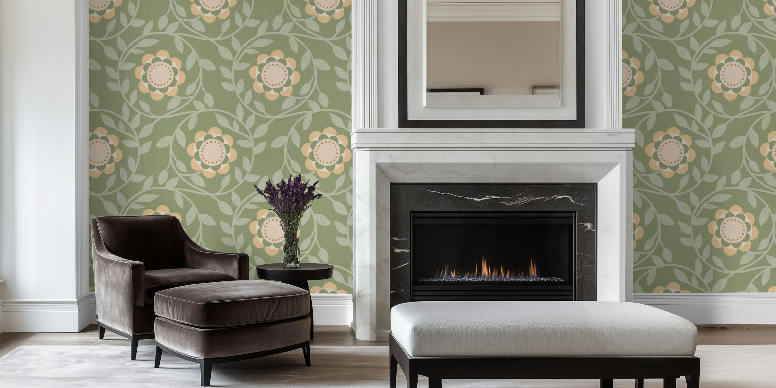 Papier peint floral vintage en vert sauge