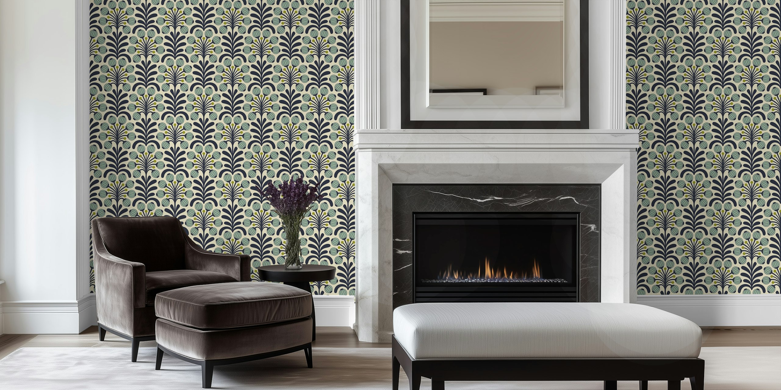 Retro Poppy Fantasy in Green wallpaper design