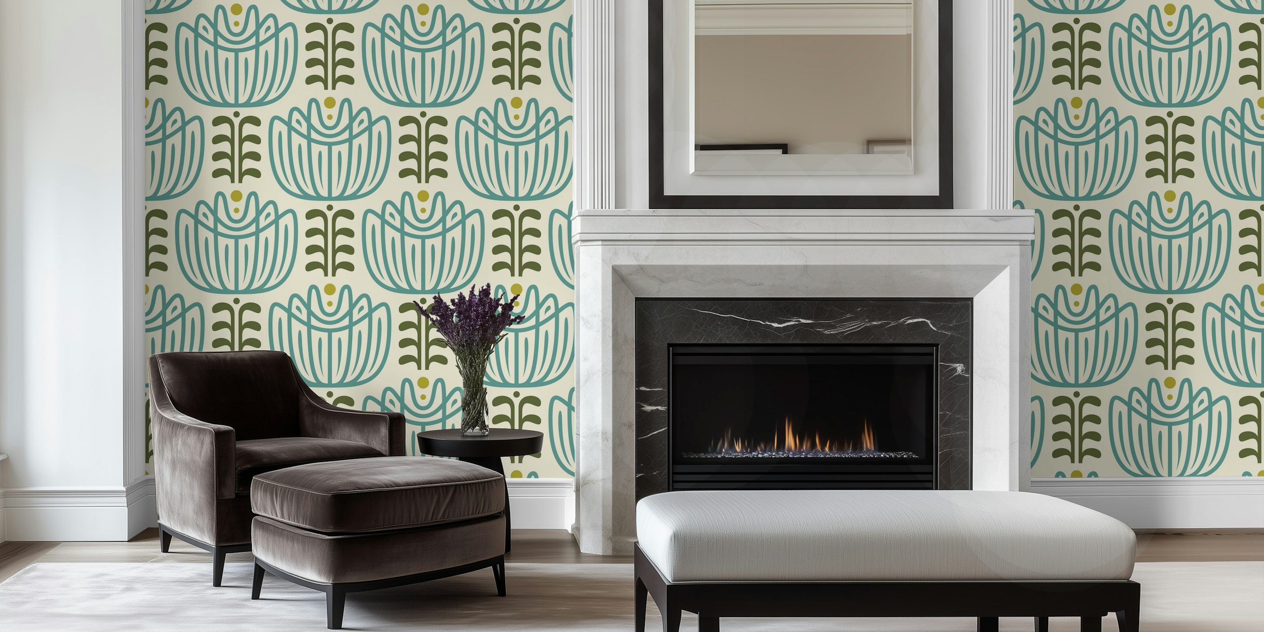 Teal green floral motifs with linear patterns on cream wallpaper