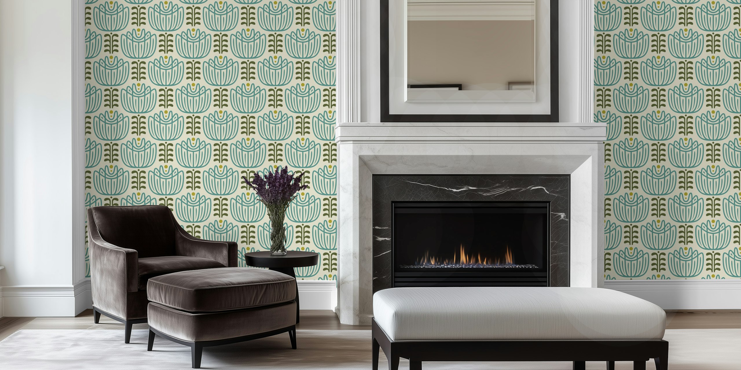 Teal green tulip patterned wallpaper