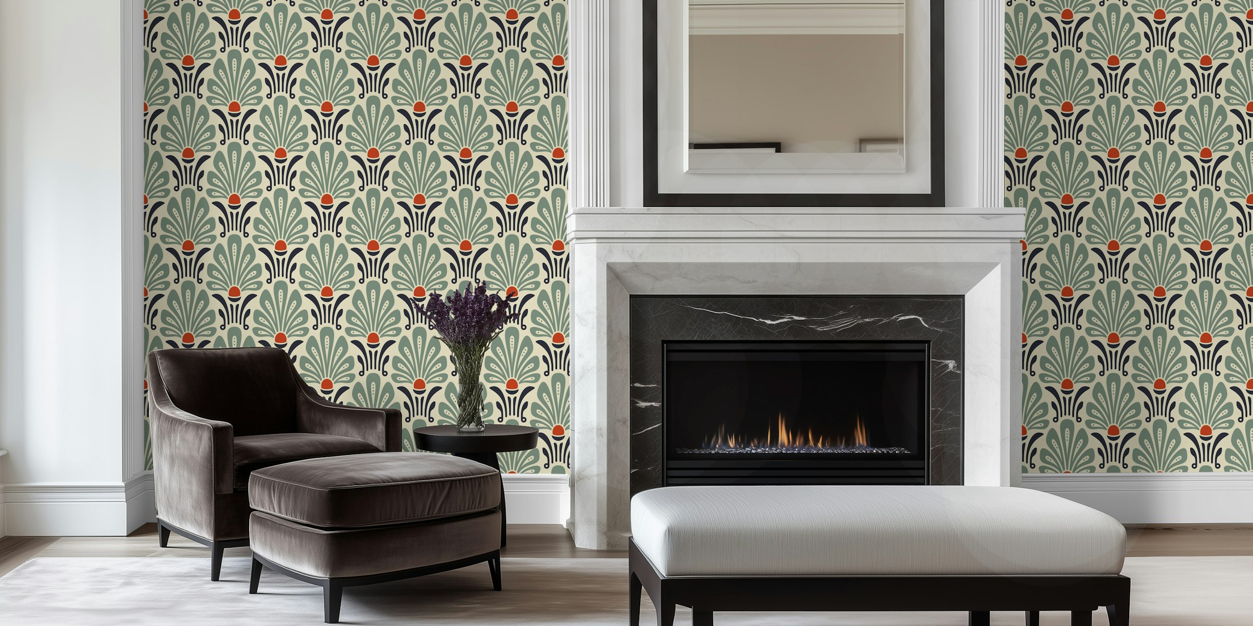 Elegant floral wallpaper i grönt och rött