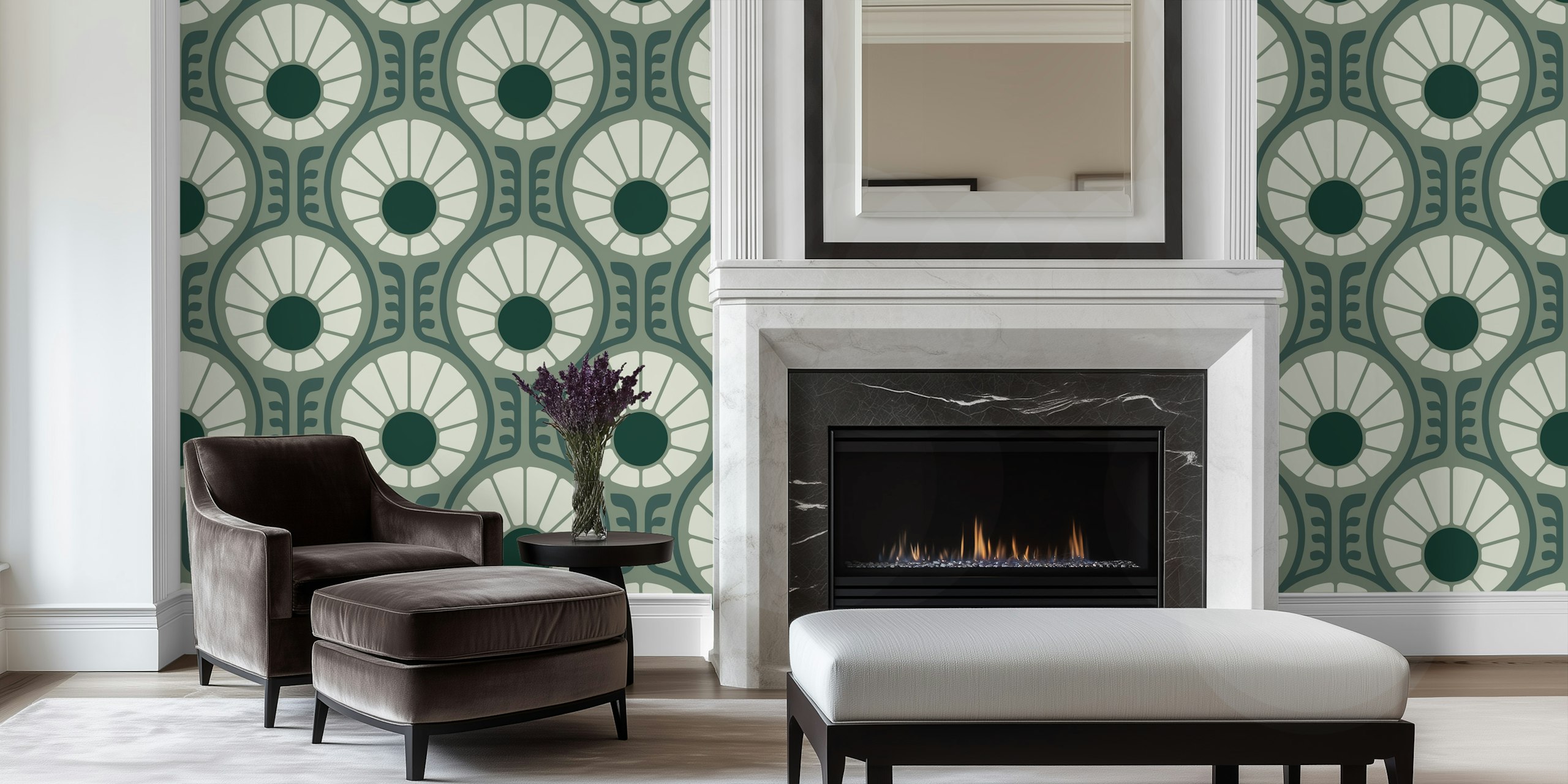 Retro Daisy Delight in Smoky Green tapet i ett rum