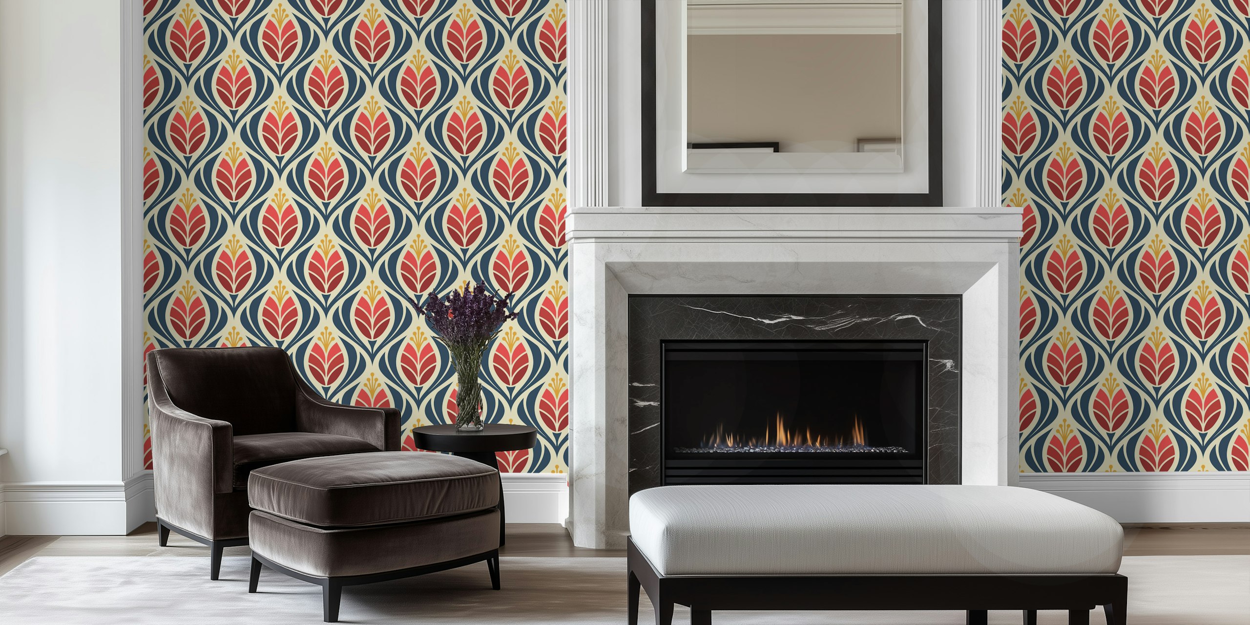 Tapetdesign med Bold Retro Tulip Blossoms i rød - S