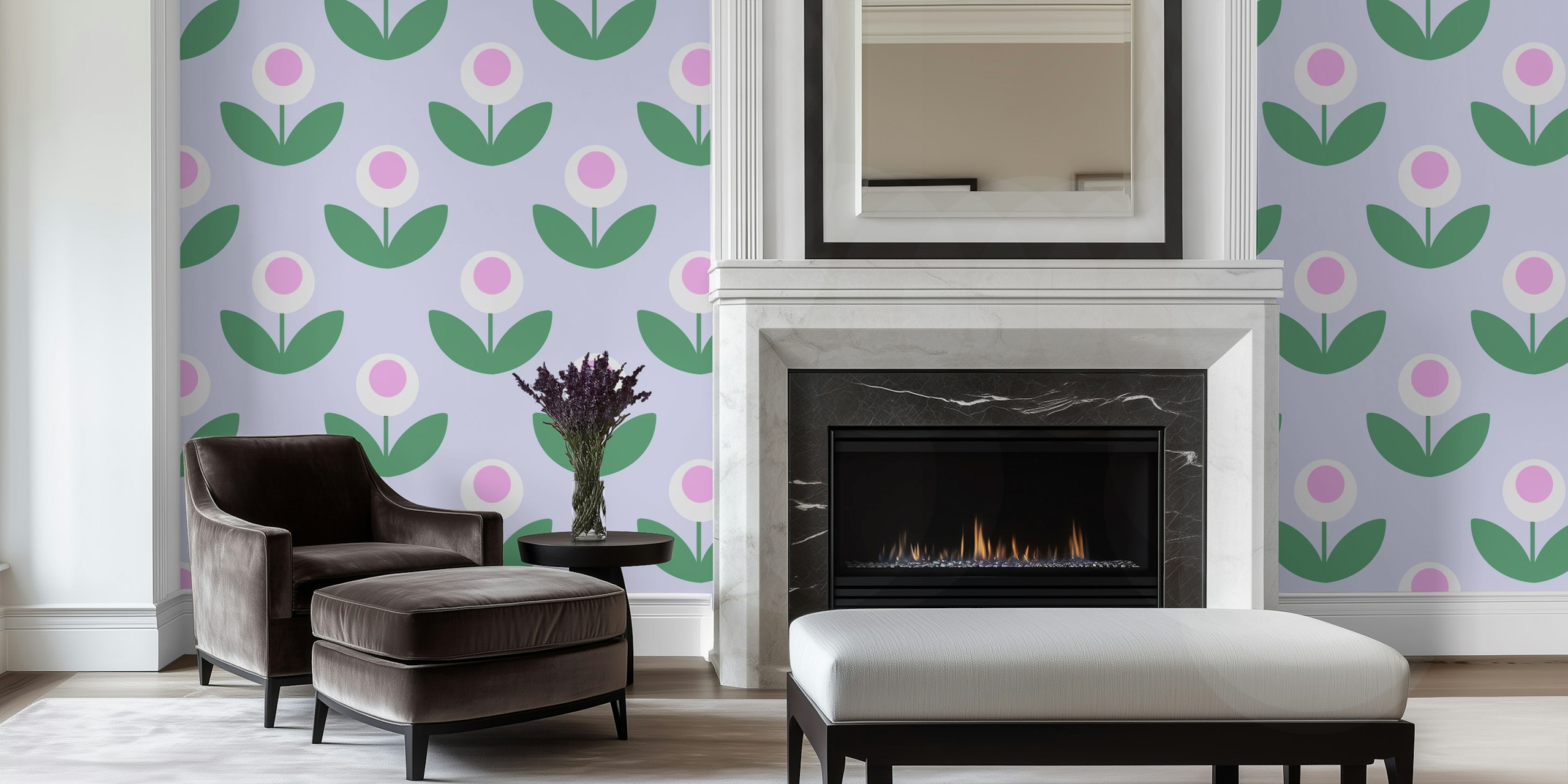 Purple floral wallpaper with circular white flowers and green leaves in a playful design
