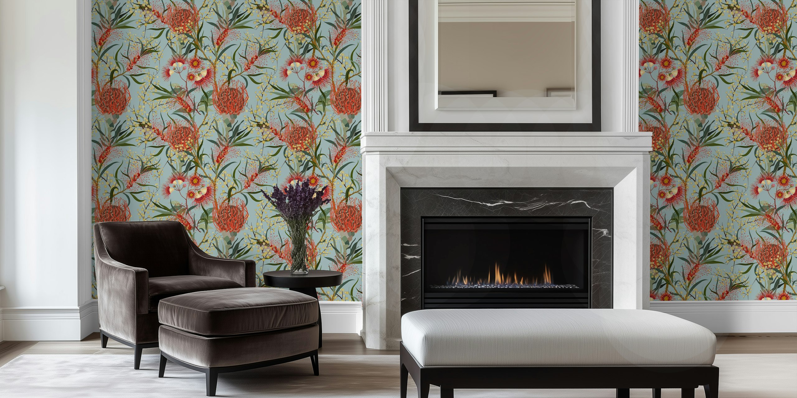 Fresh flower tapestry wallpaper in a room