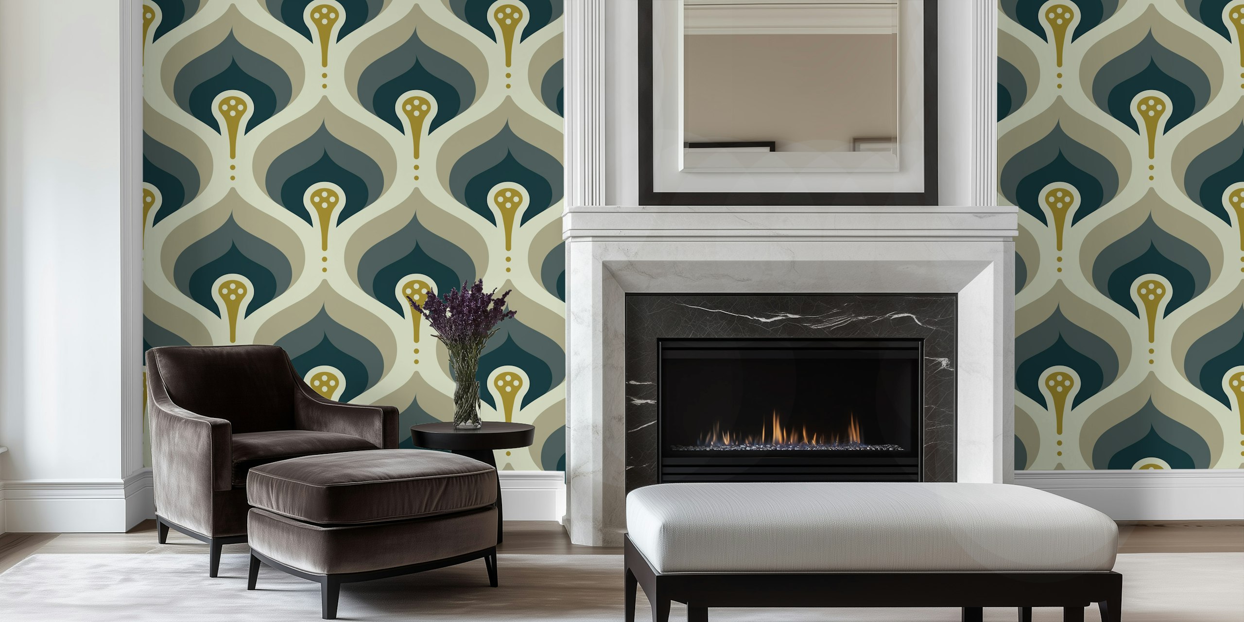 Retro Flowing Motif wallpaper en una habitación
