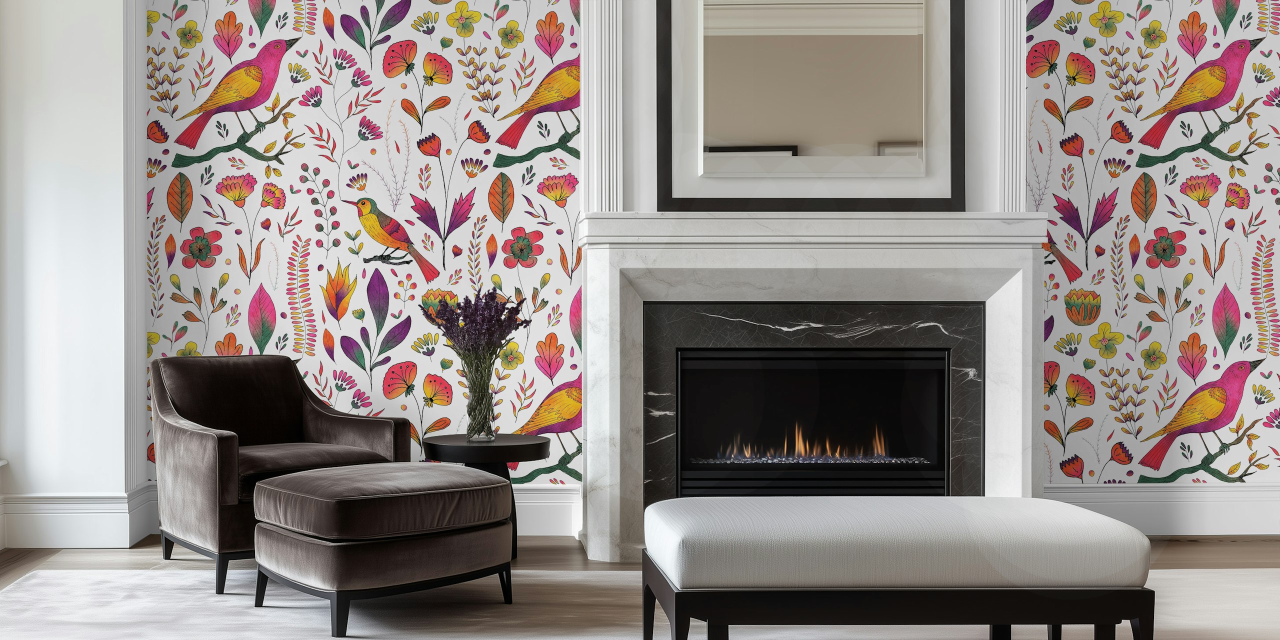 Colorful songbirds and flowers on a white background wallpaper