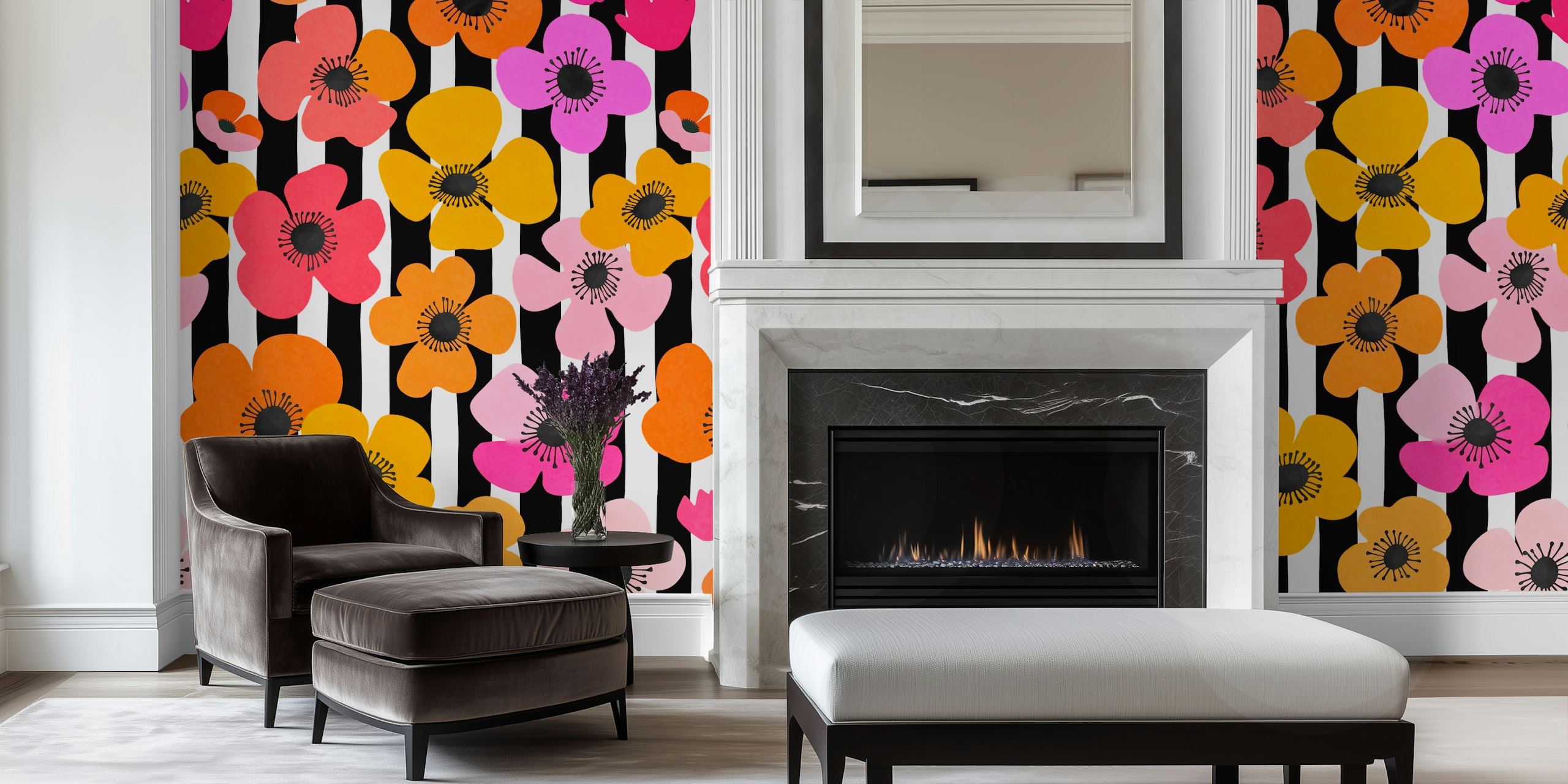 Colorful flowers in pink, orange, and black stripes wallpaper