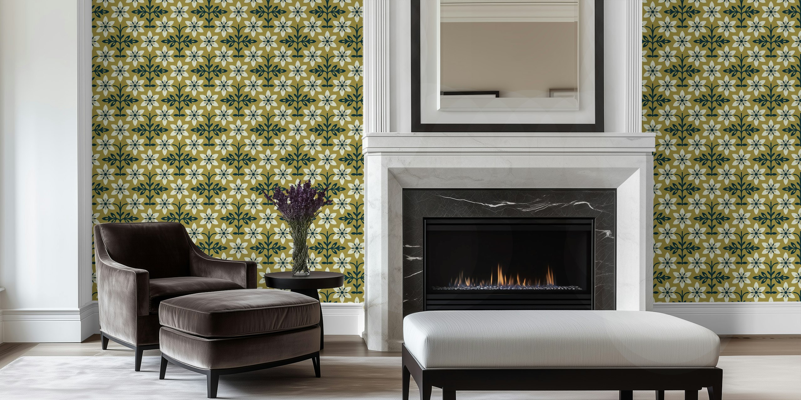 Design de papel de parede vintage floral em um quarto