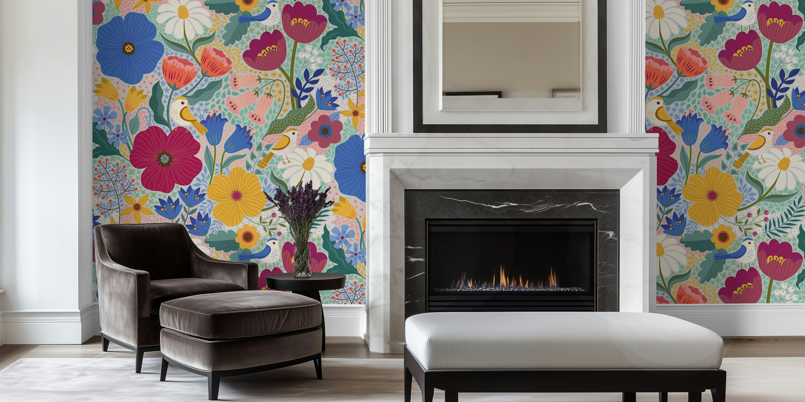 Bloemenbehang ontwerp met vogels in blauw en pruim
