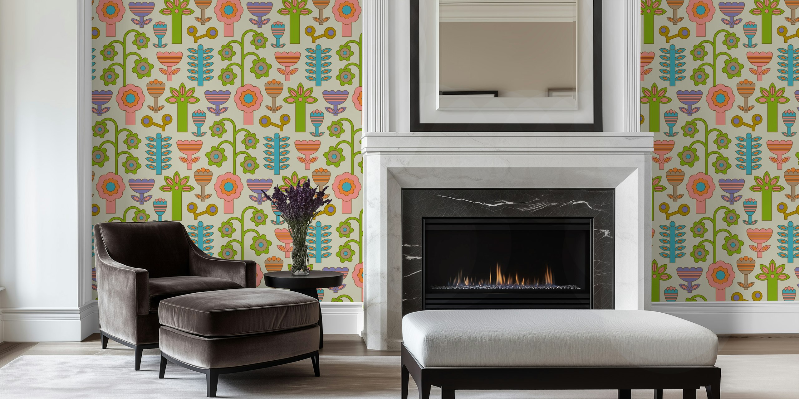 Magic Garden Fun Retro Flowers wallpaper in a room