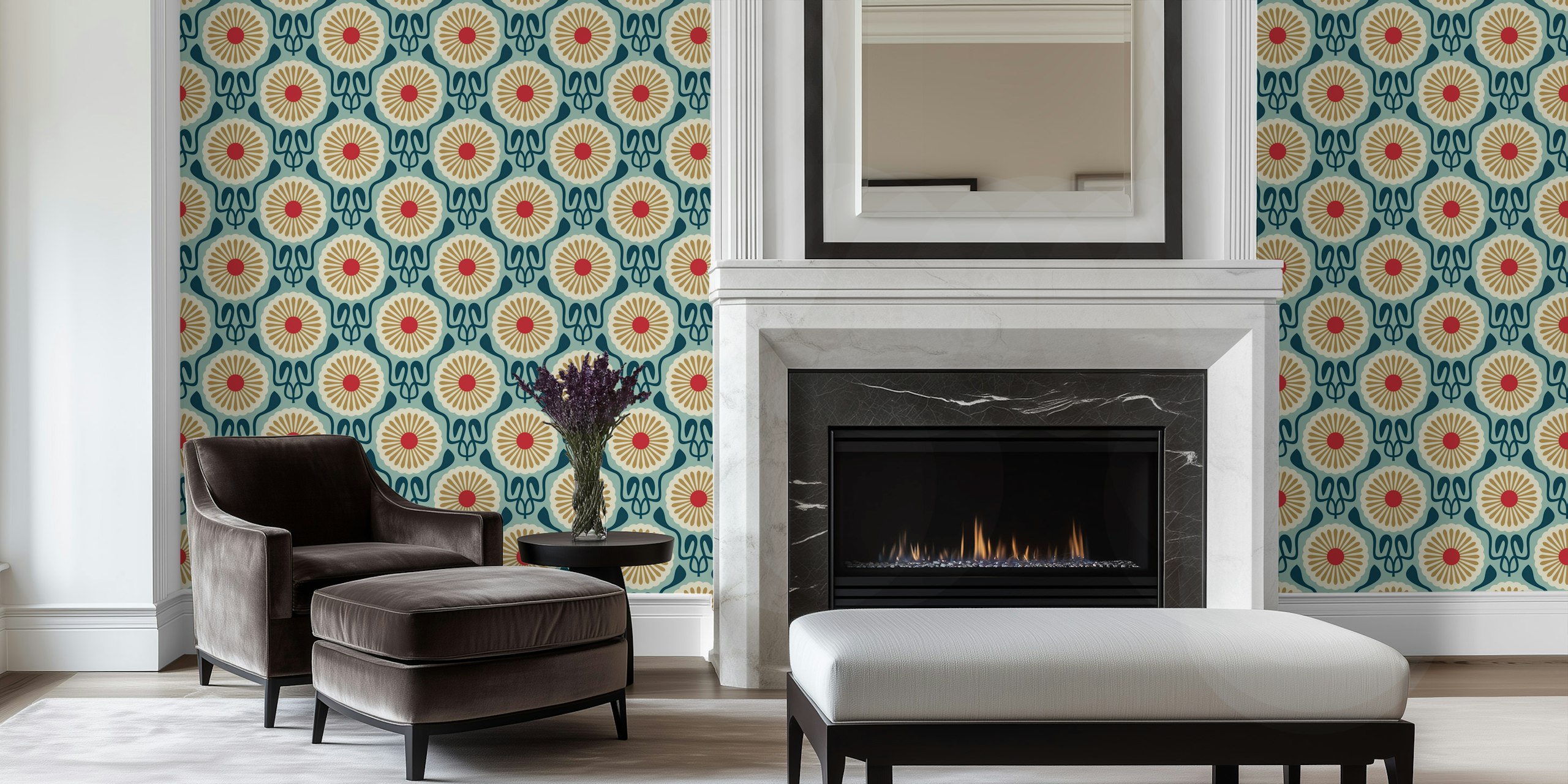 Daisy flowers with teal and gold colors in vintage style wallpaper