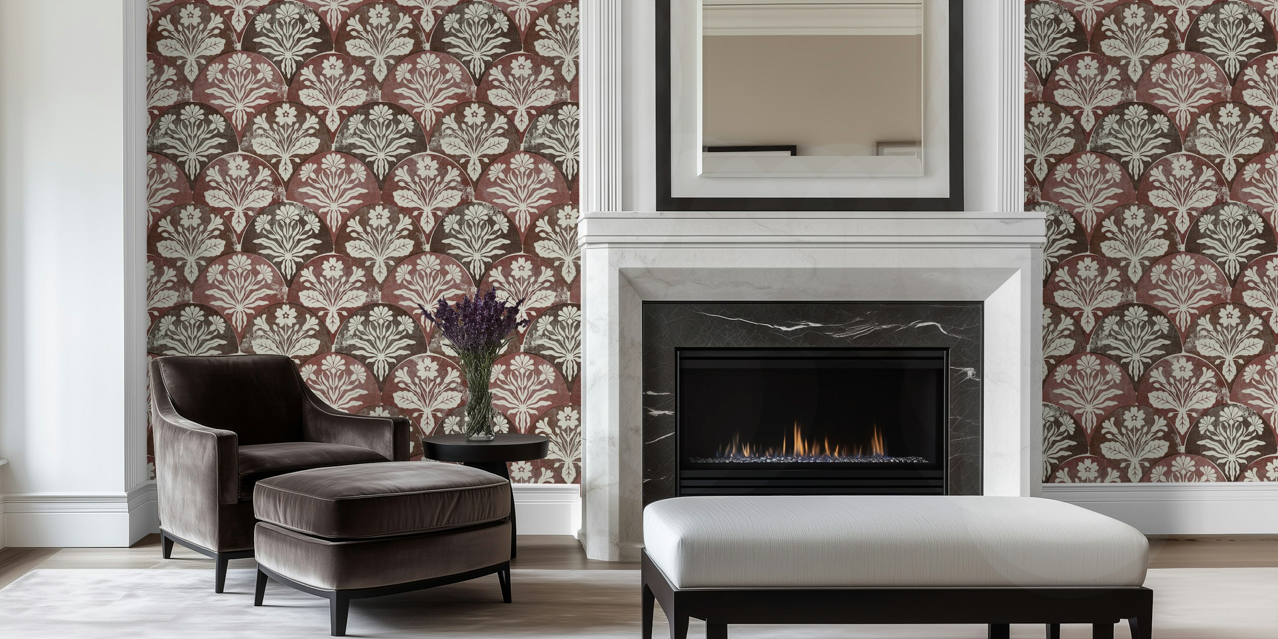 Floral patterns in wine red and cream on art deco wallpaper