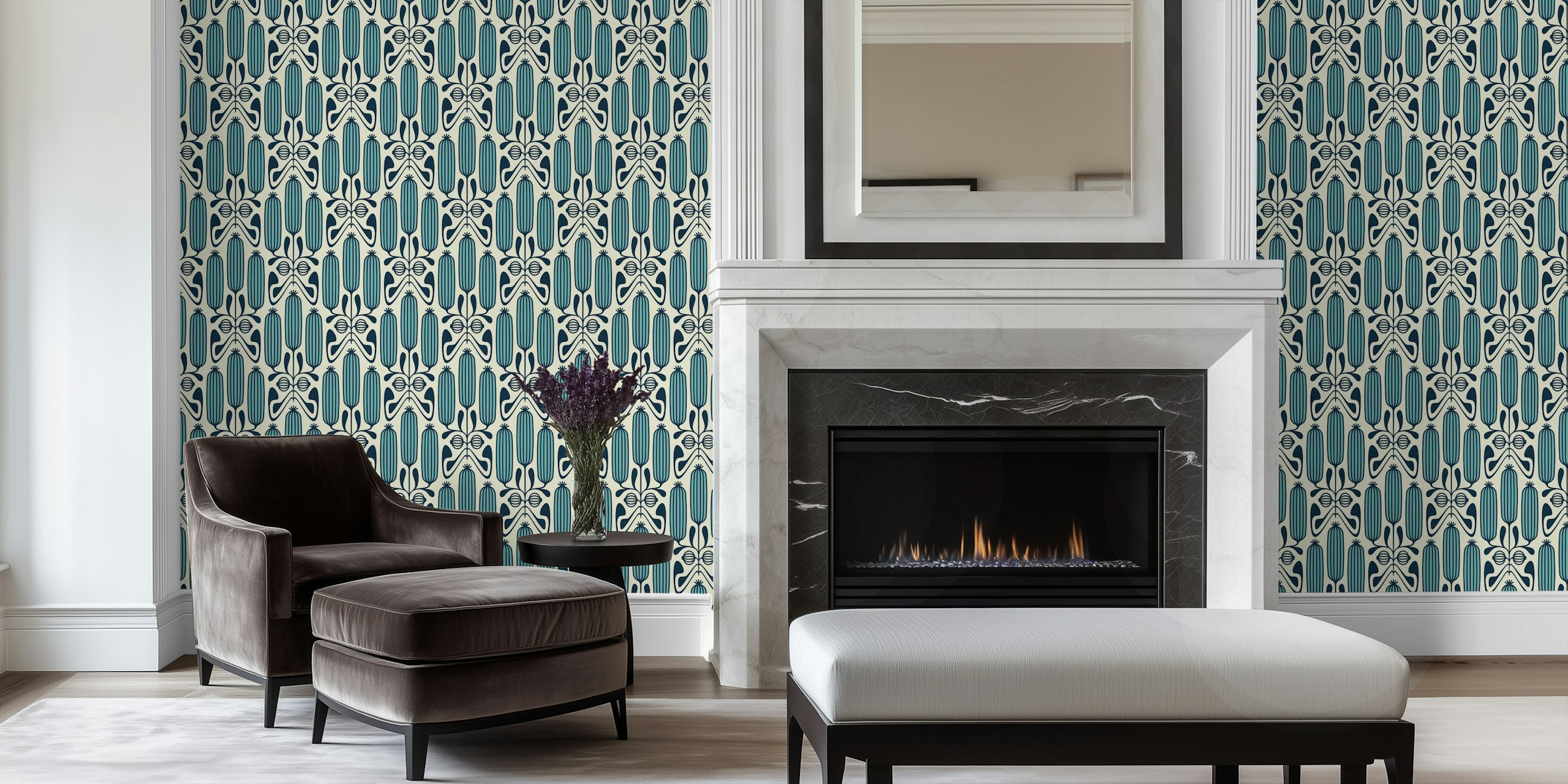 Ornate floral cucumber pattern in blue and cream wallpaper