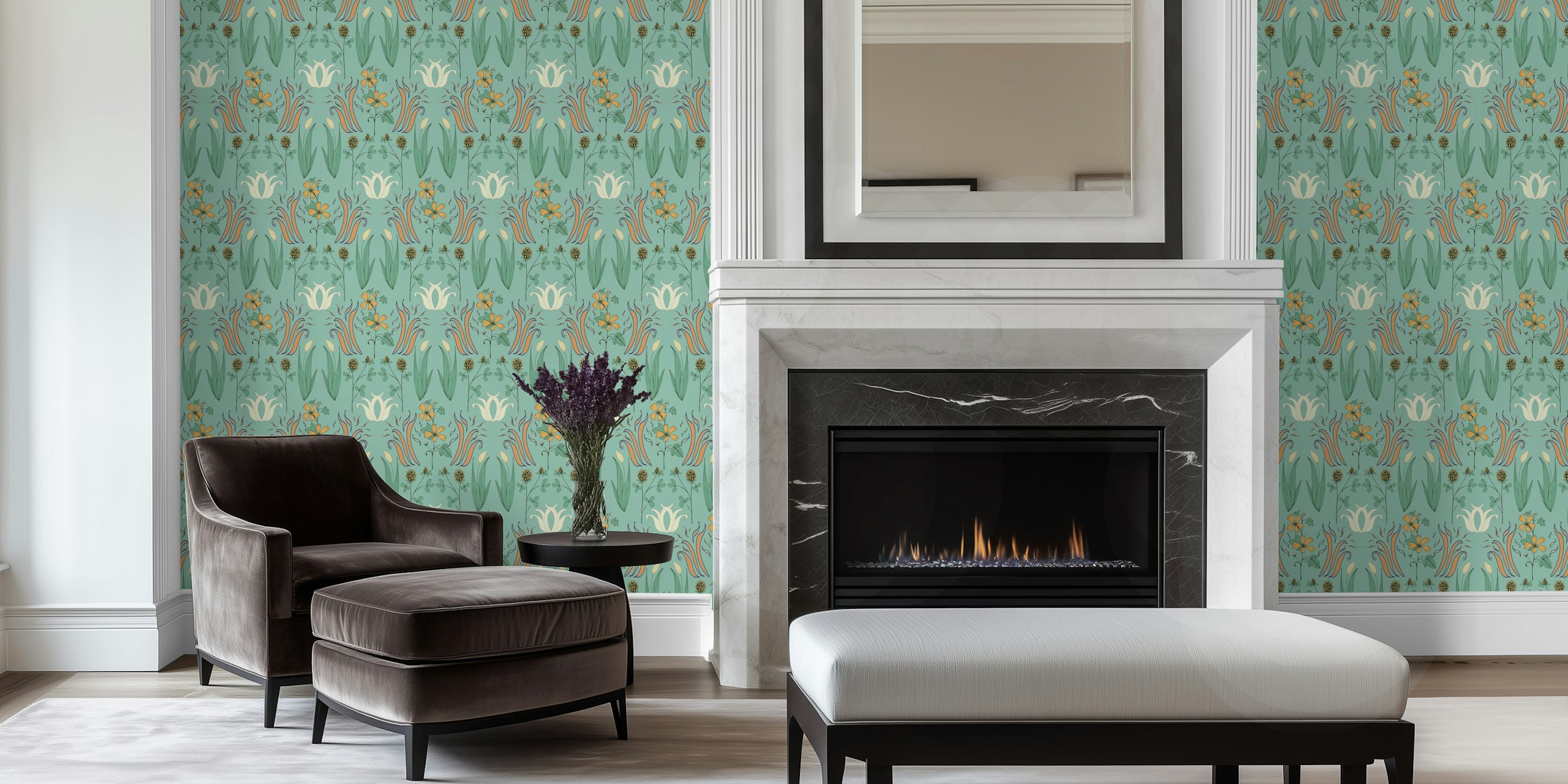 Vintage floral green wallpaper with stylized flowers and leaves in soft pastel colors