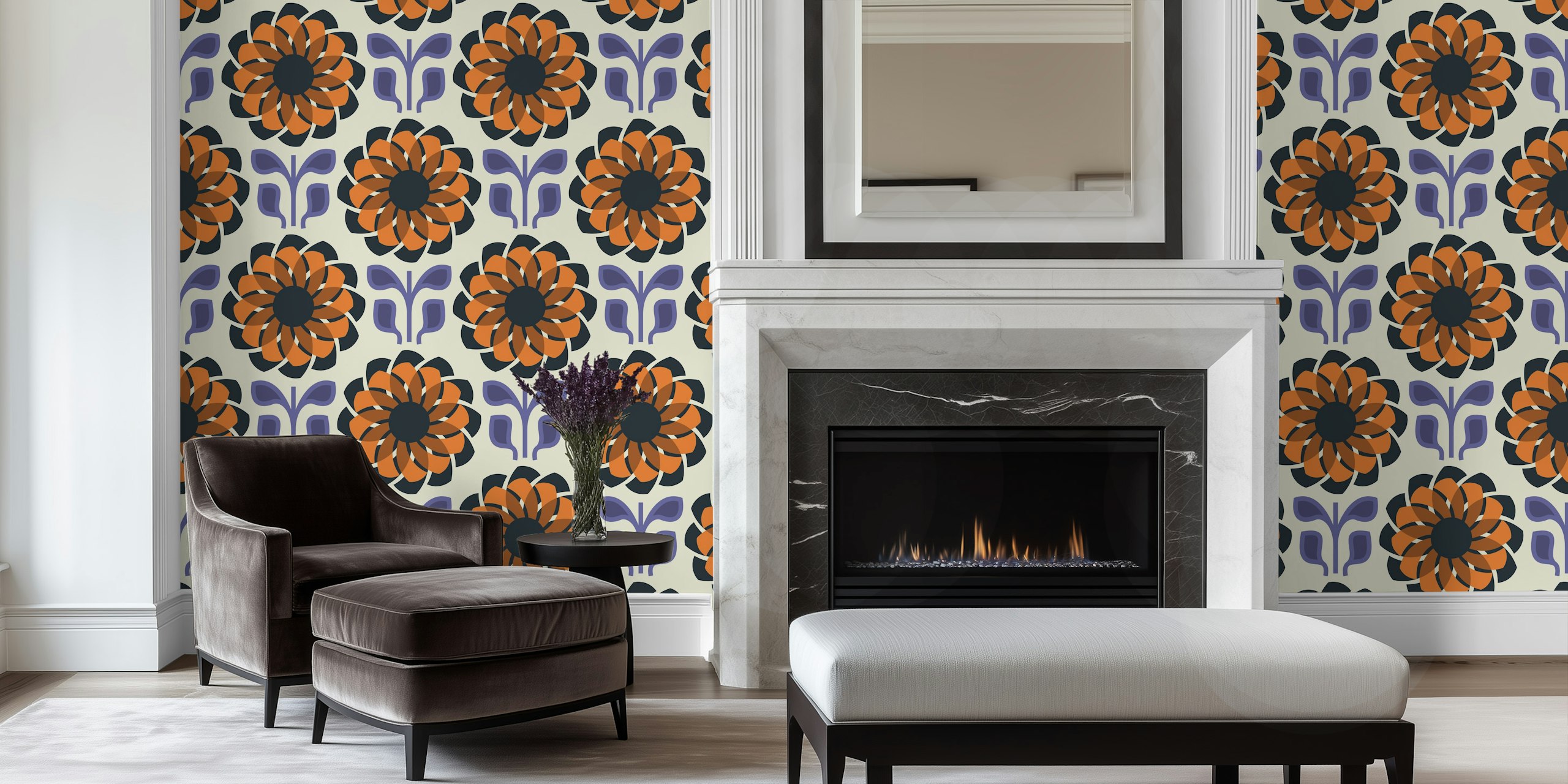 Geometric Flower Fusion in Orange Purple - L