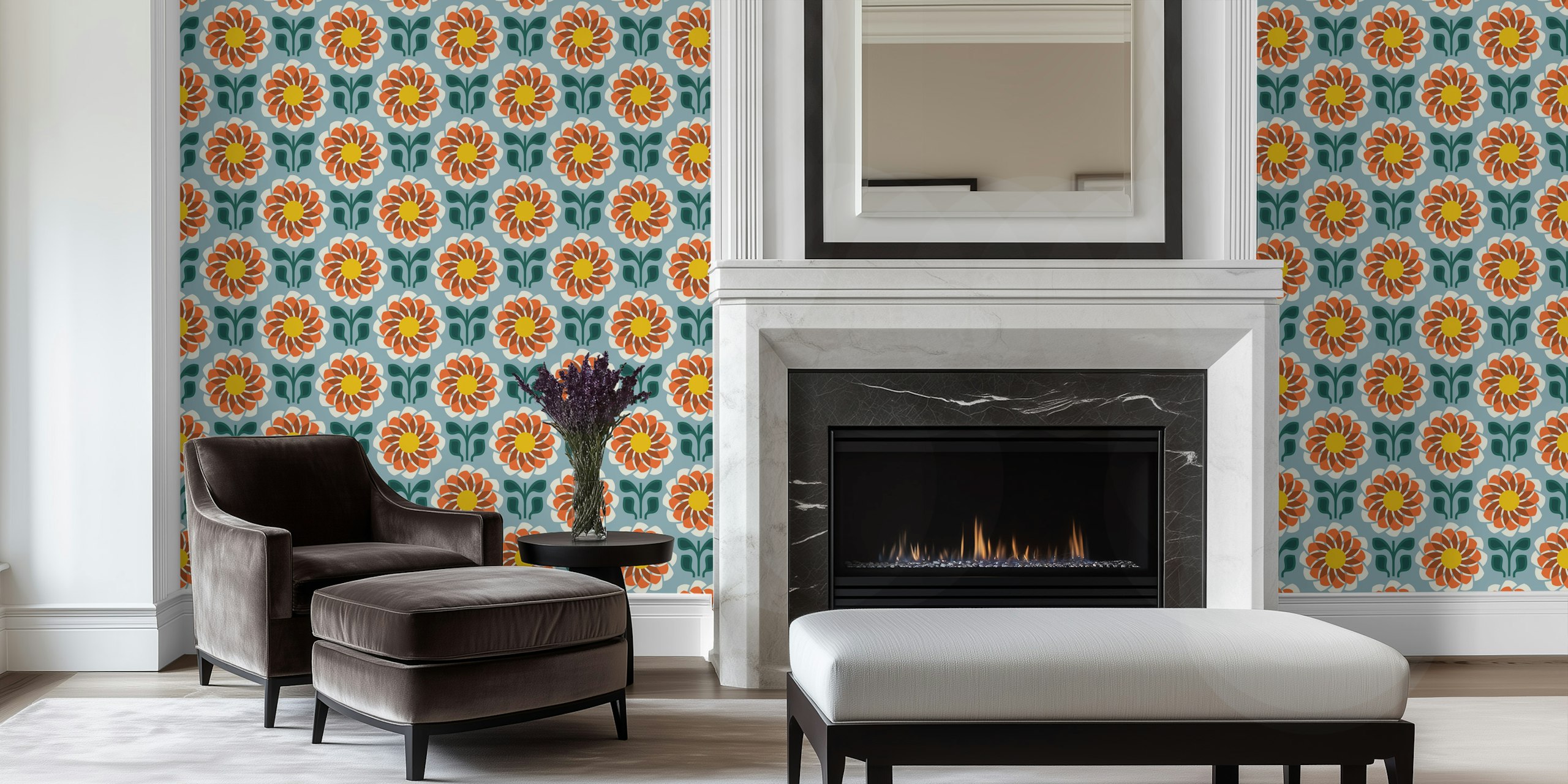 Geometric floral pattern with orange, green, and cream colors wallpaper