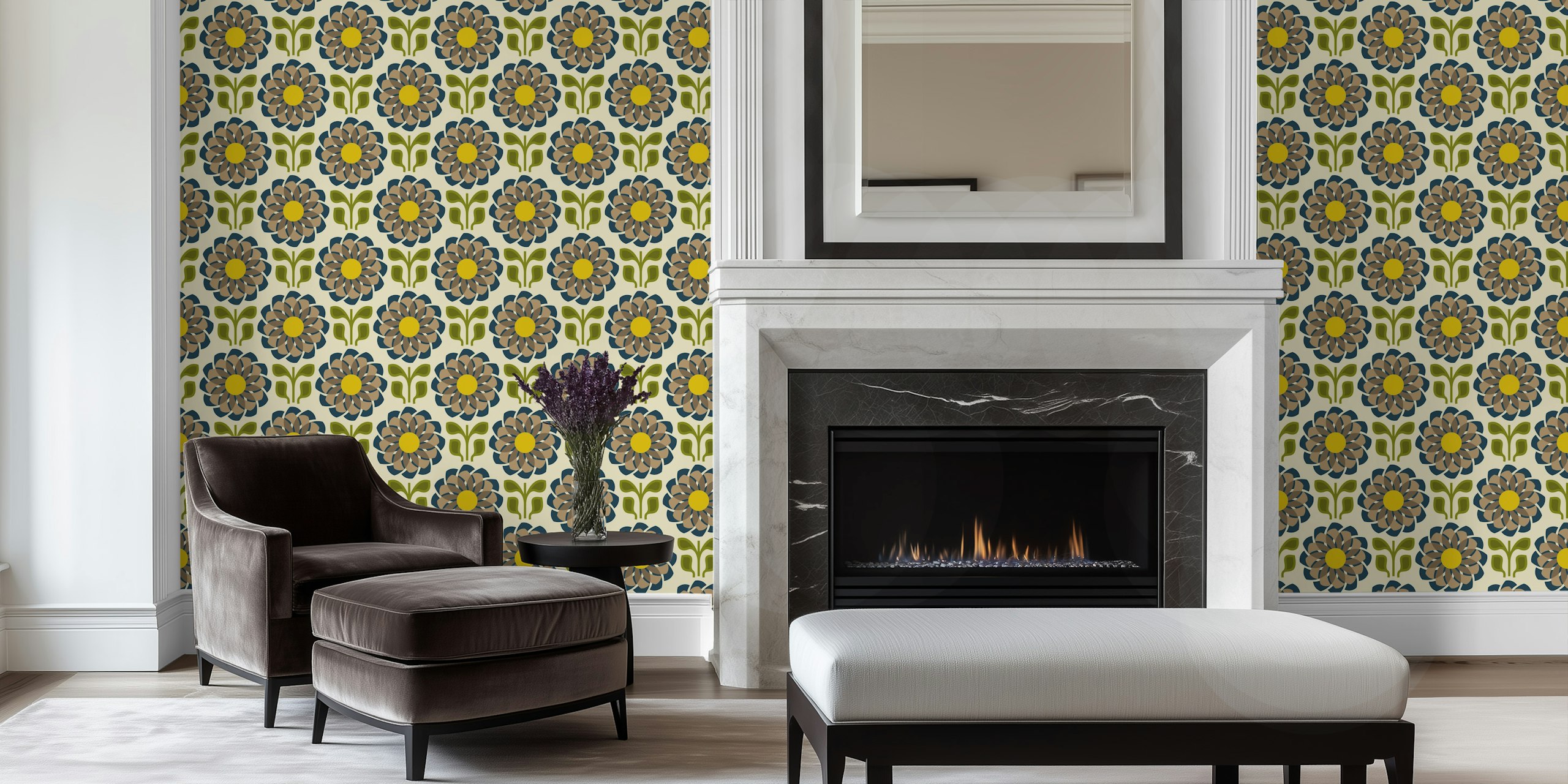 Geometric Flower Fusion in Brown Green - S tapet i ett rum